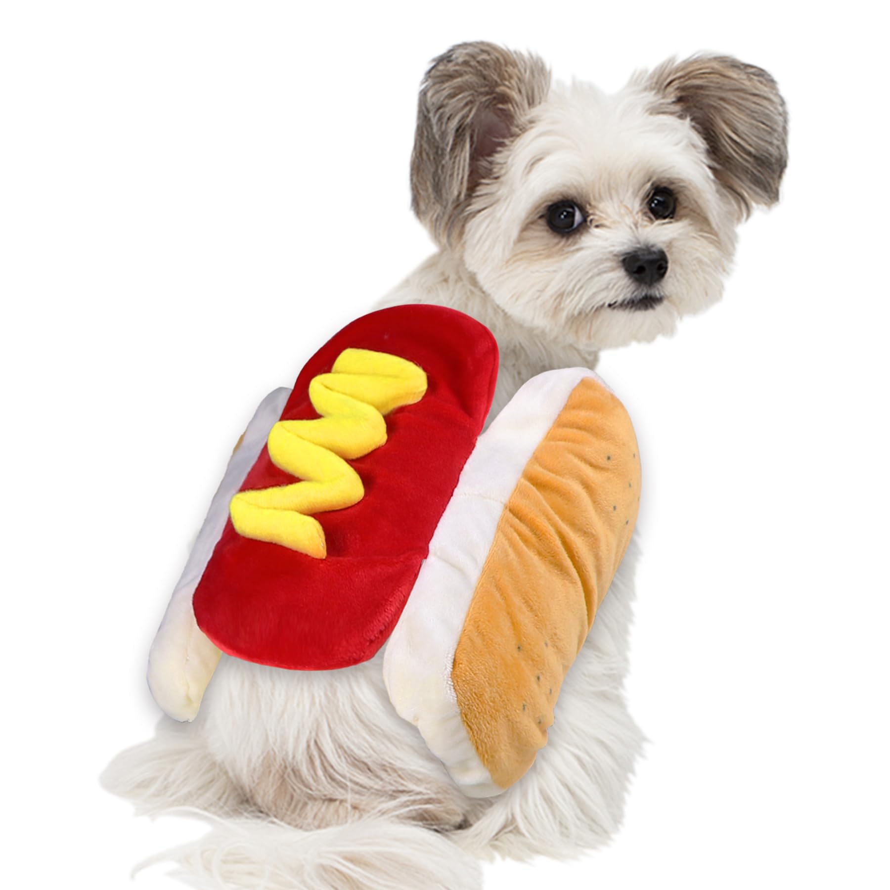 GOYOSWA vue avant du costume hot dog sur chien montrant l'apparence drôle et confortable