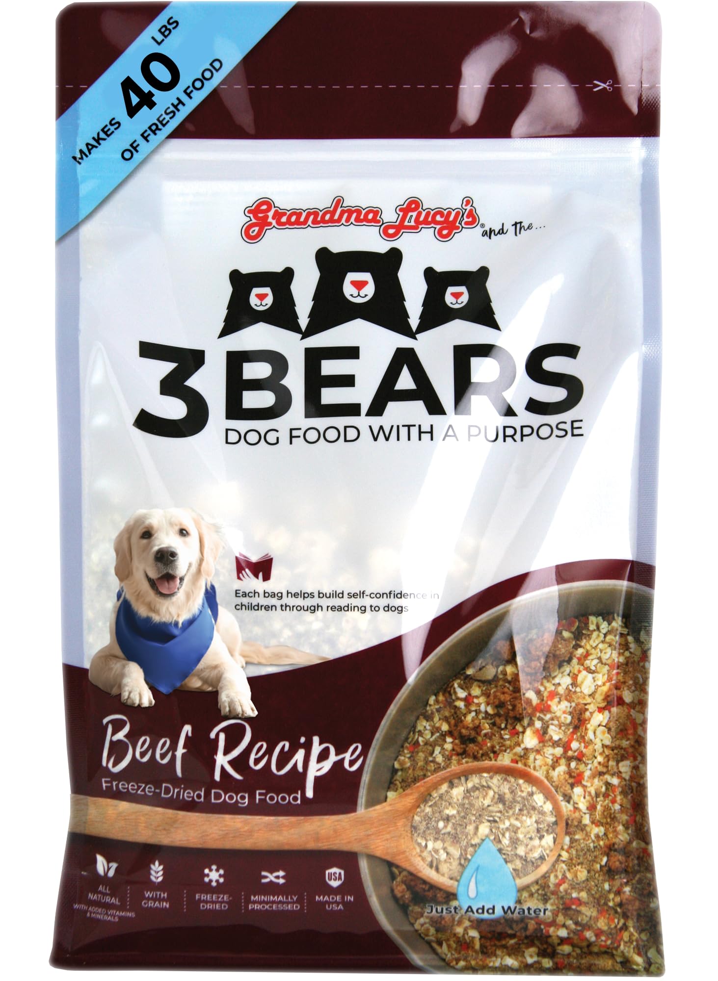 grandma lucy's sac 3 Bears Beef face montrant design et taille du paquet utile