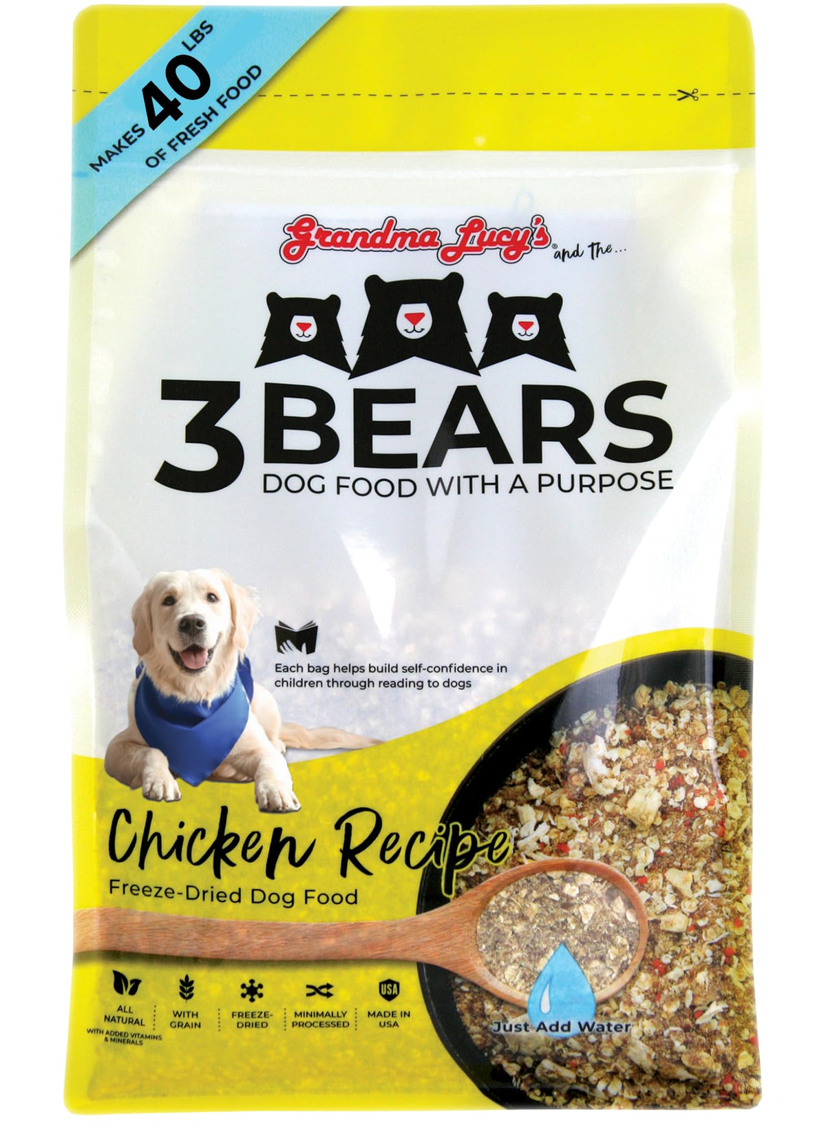 Grandma Lucy's sac 3 Bears face avant montrant design et poids