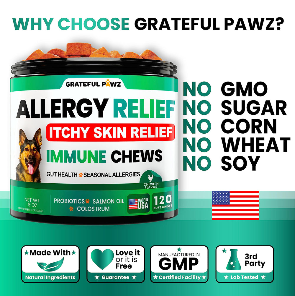 Grateful Pawz ingrédients : huile de saumon et colostrum pour soutien cutané