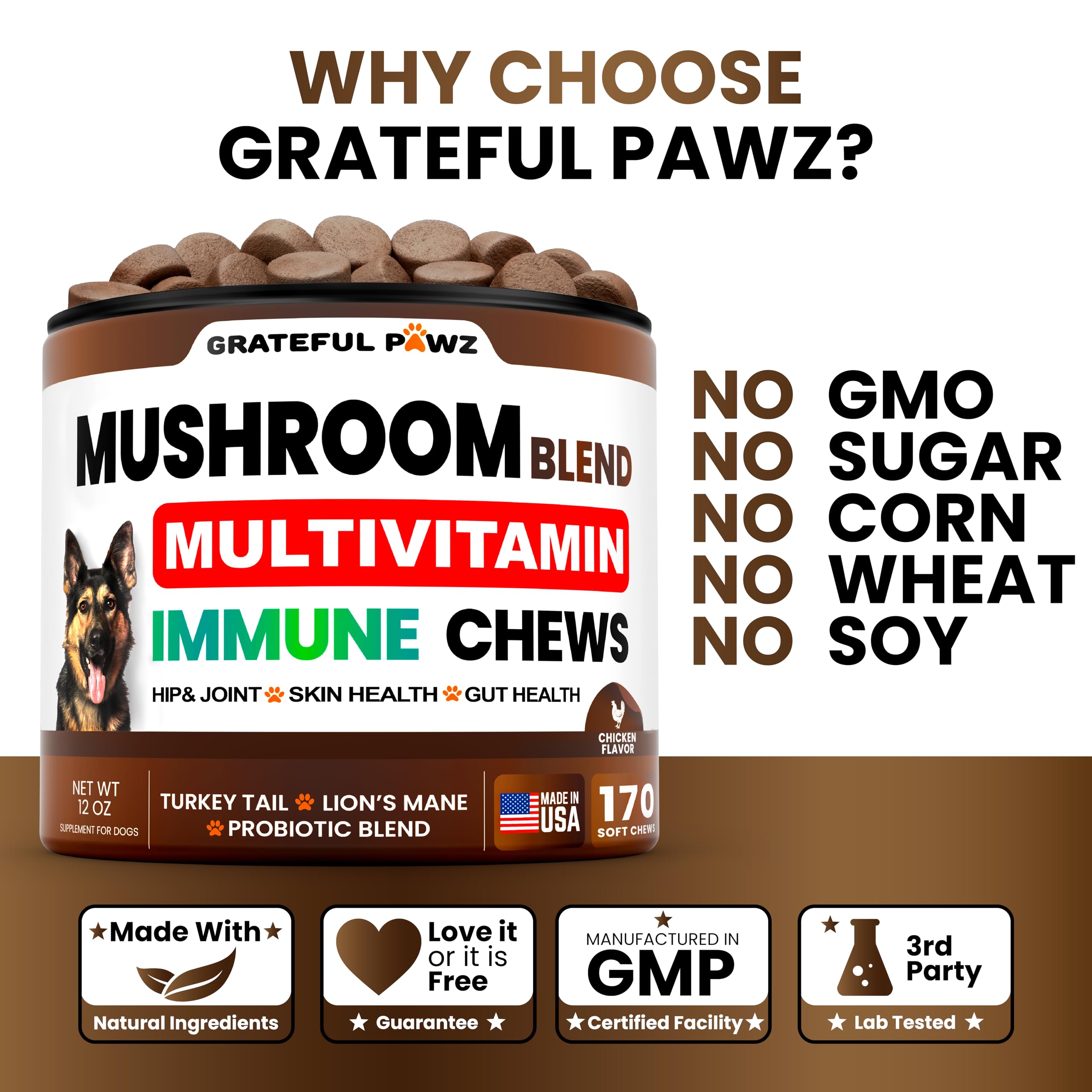 Grateful Pawz ingrédients champignons Turkey Tail Reishi Lion’s Mane, soutien nutritif naturel