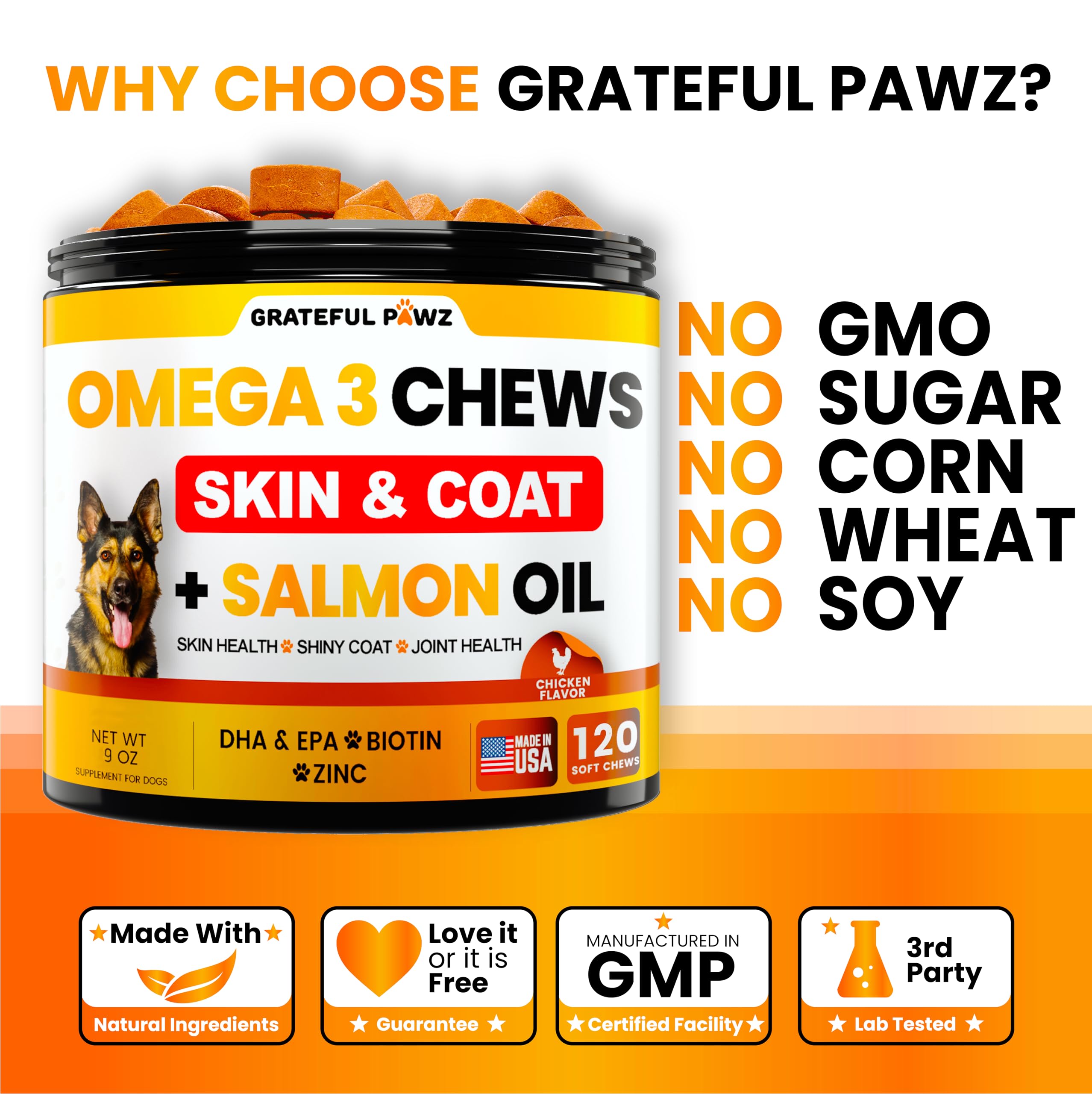 Étiquette Grateful Pawz détaillant huiles de saumon et biotine pour la peau