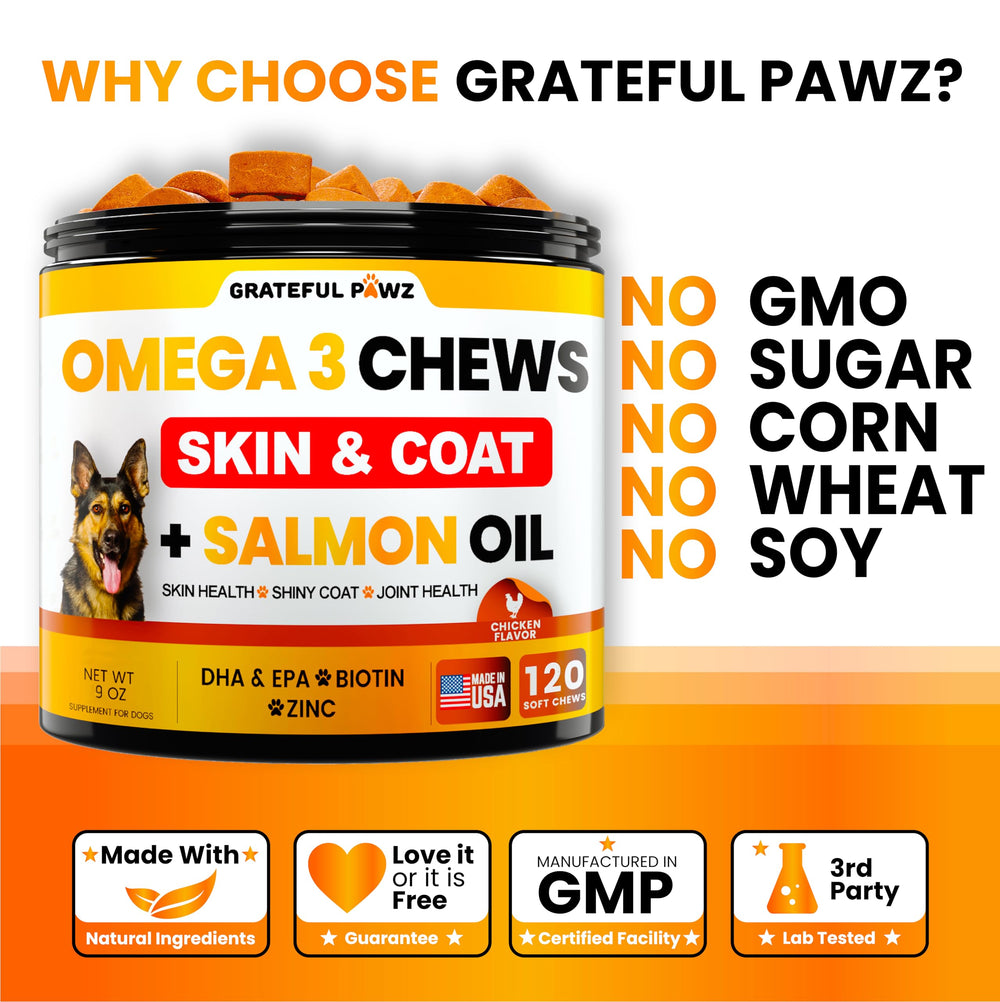 Étiquette Grateful Pawz détaillant huiles de saumon et biotine pour la peau