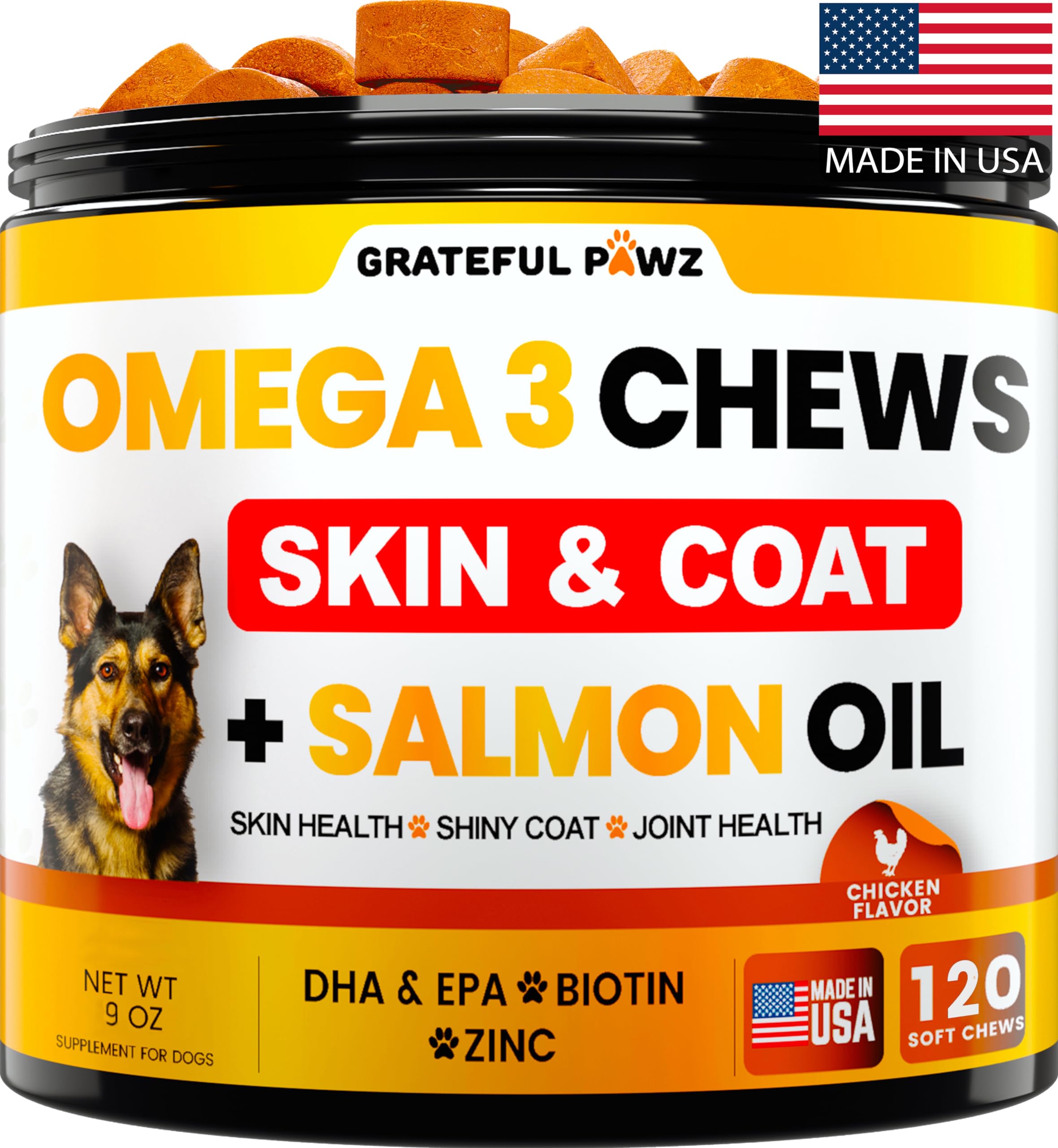Grateful Pawz packaging avant montrant le pot et bénéfice pelage plus brillant