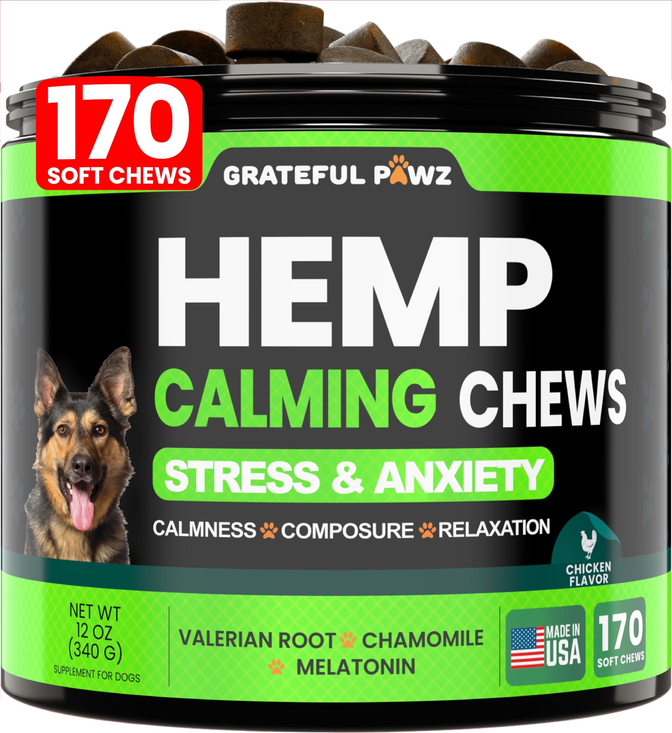 Grateful Pawz pot de 170 chews calmants montrant l'emballage et la quantité