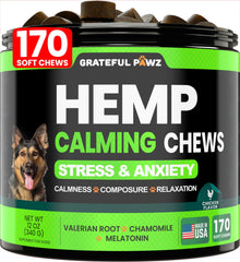 Grateful Pawz pot de 170 chews calmants montrant l'emballage et la quantité