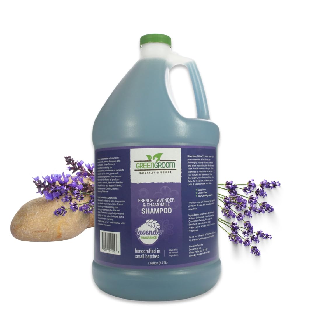 GreenGroom bidon face montrant l'emballage et l'économie du format gallon