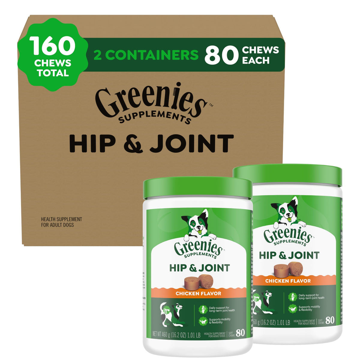 Greenies boîte recto montrant Hip & Joint pour mobilité améliorée