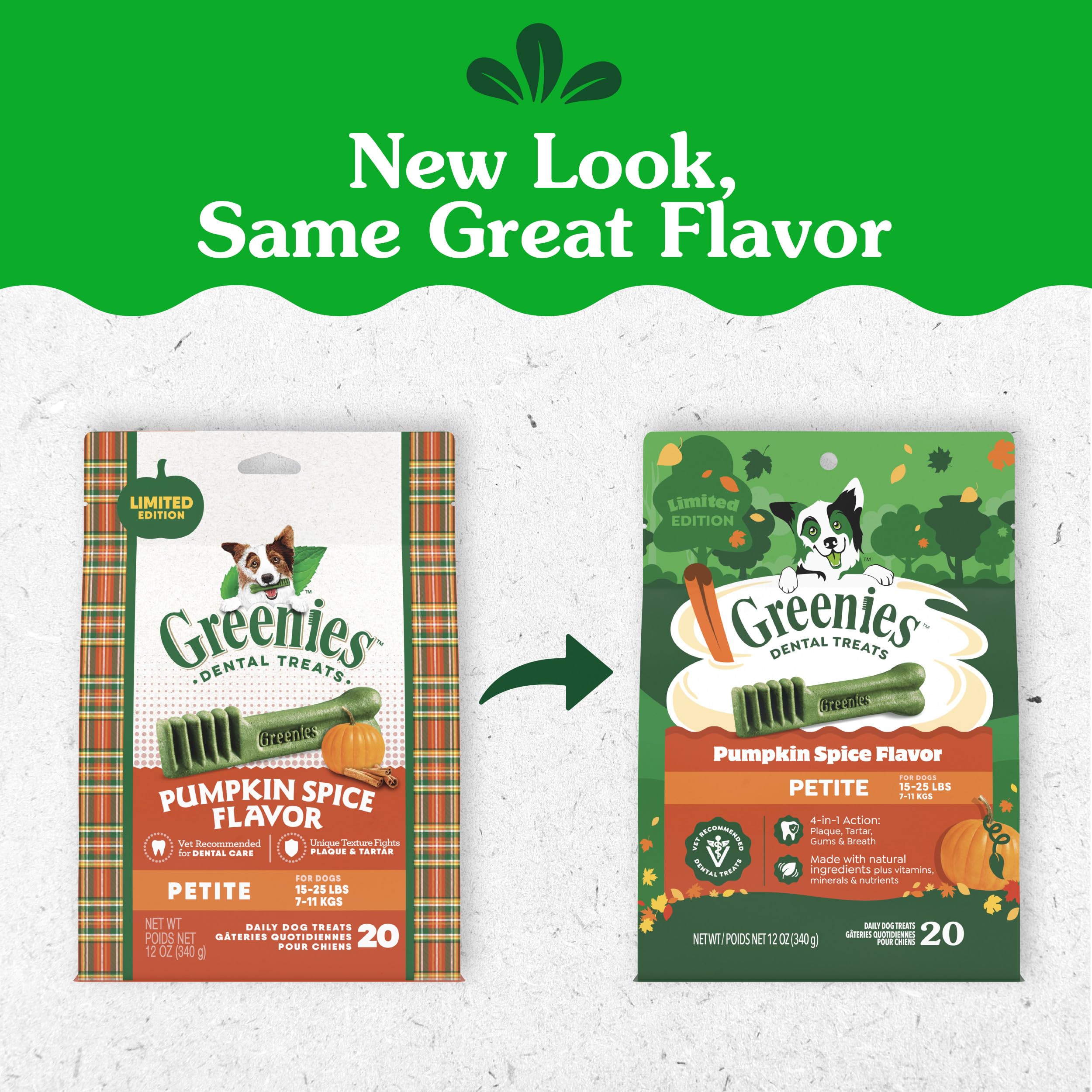 Greenies emballage arrière avec informations nutritionnelles et instructions
