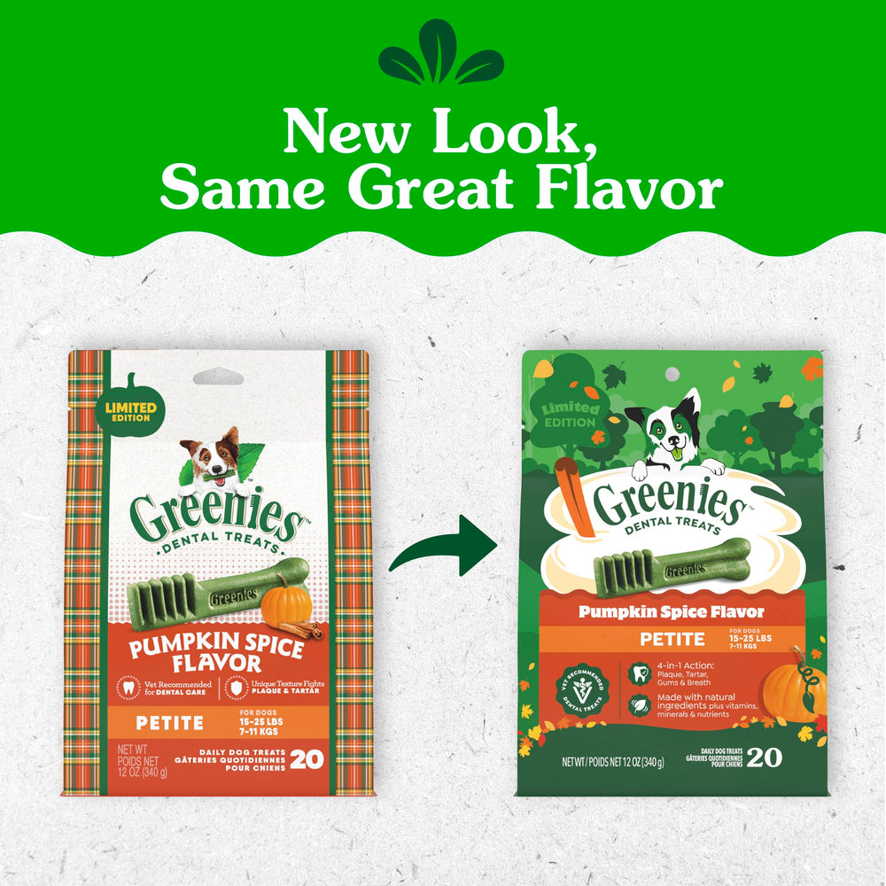 Greenies emballage arrière avec informations nutritionnelles et instructions