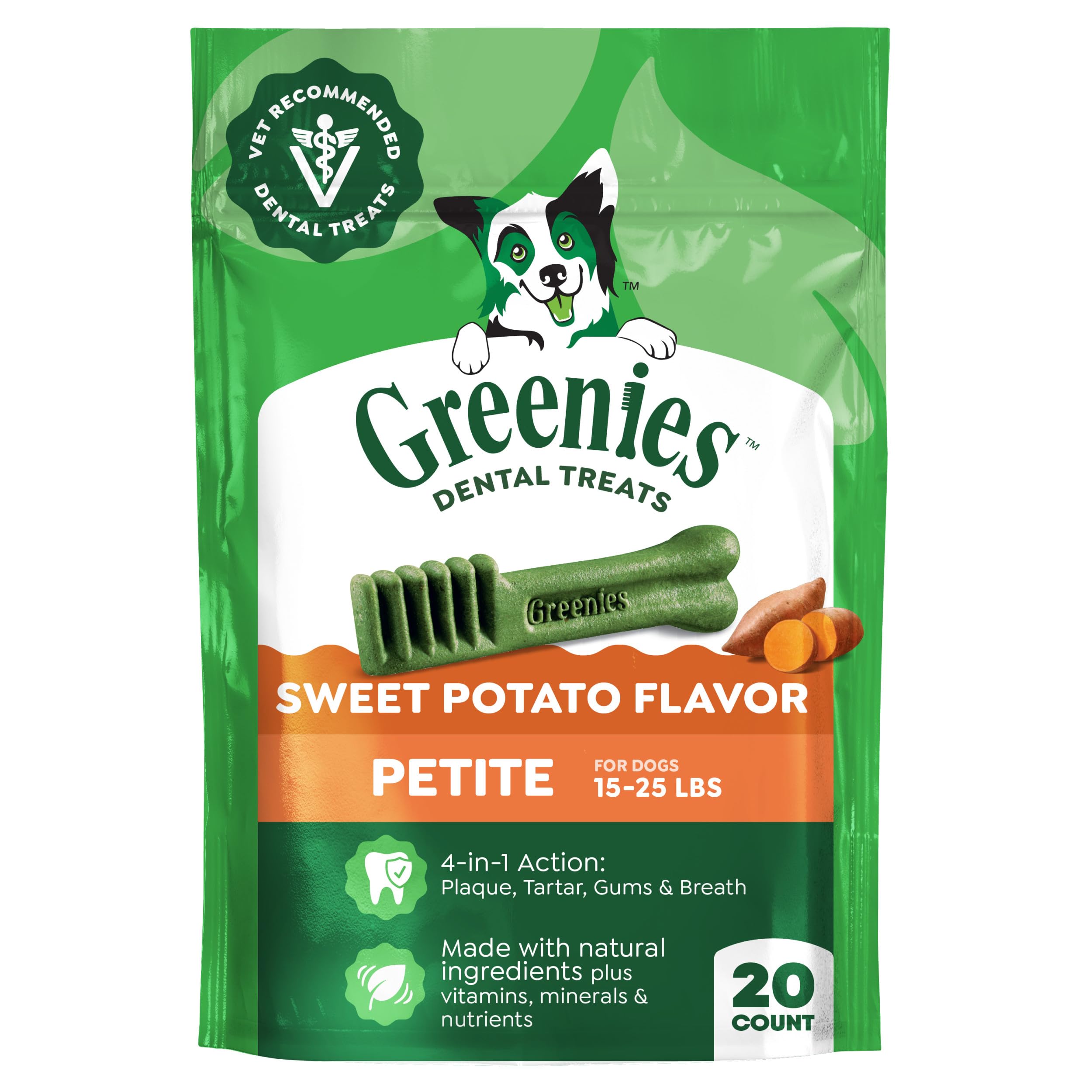 Greenies emballage face montrant 20 unités et bénéfice hygiène