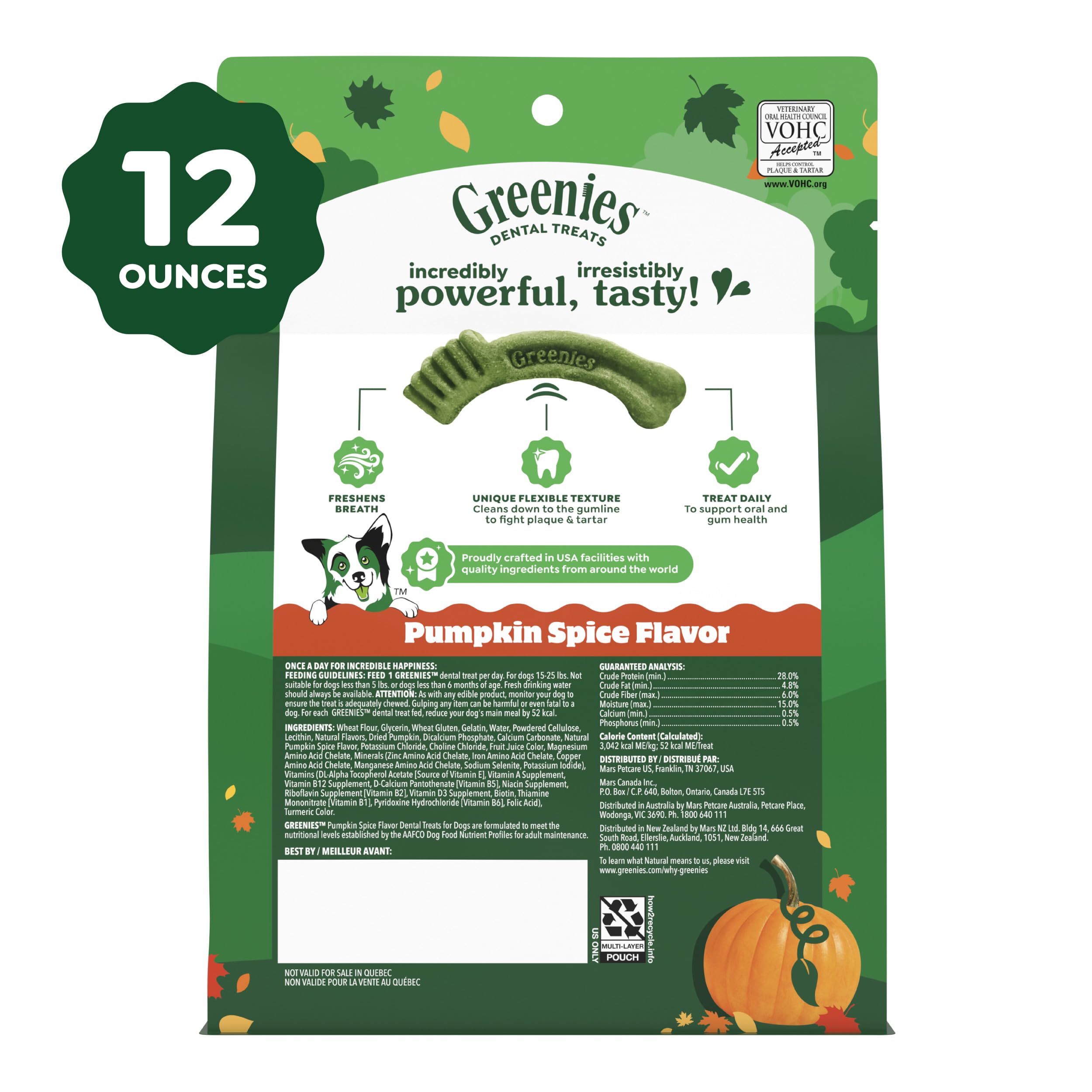 Étiquette Greenies visible prouvant recommandation vétérinaire et usage sûr