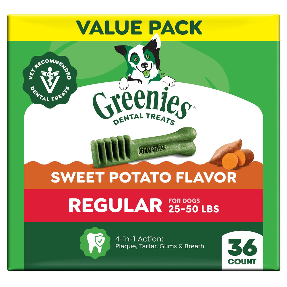 Greenies emballage avant montrant produit et bénéfice hygiène dentaire