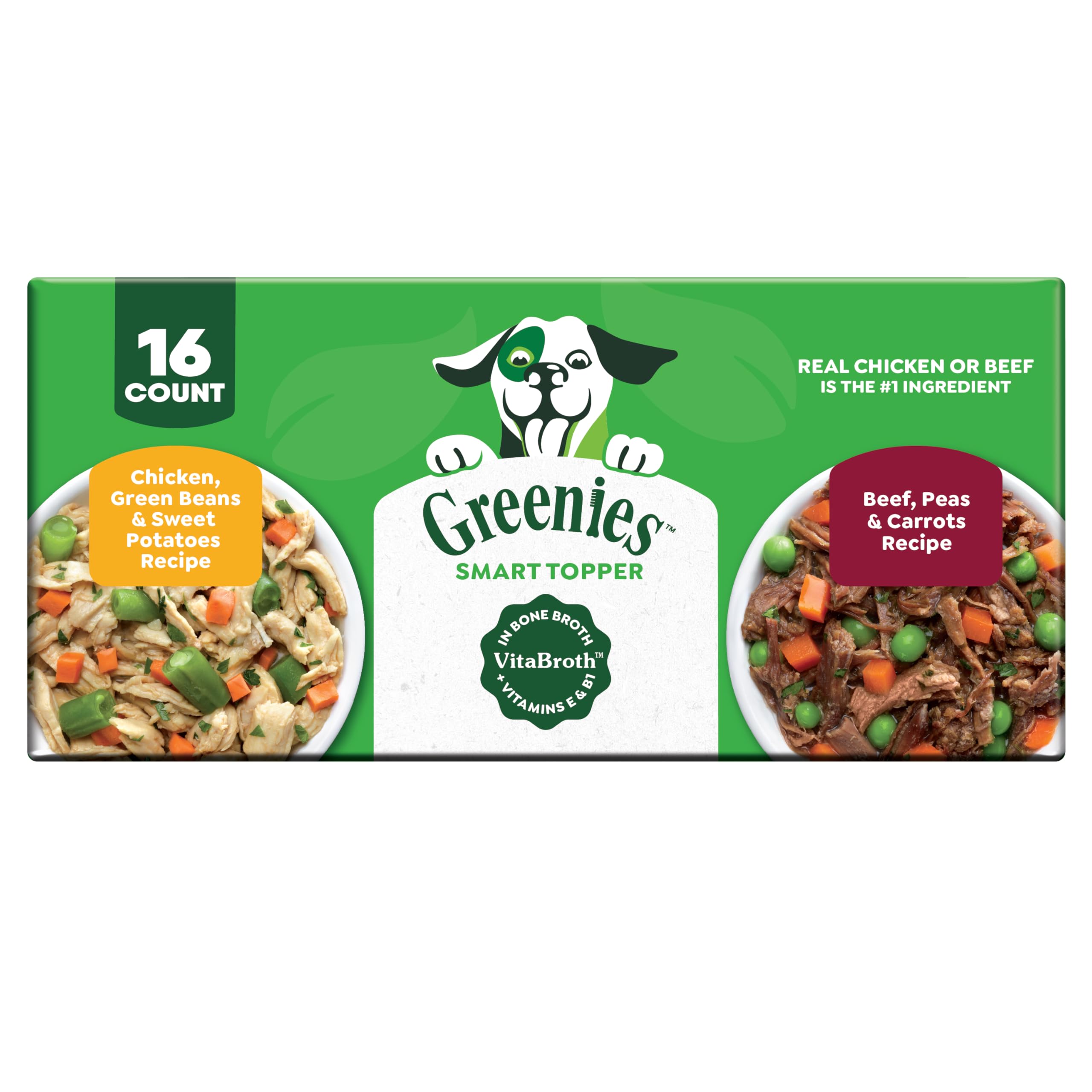 Greenies Smart Topper emballage avant montrant le pack de 16 sachets et bénéfice saveur