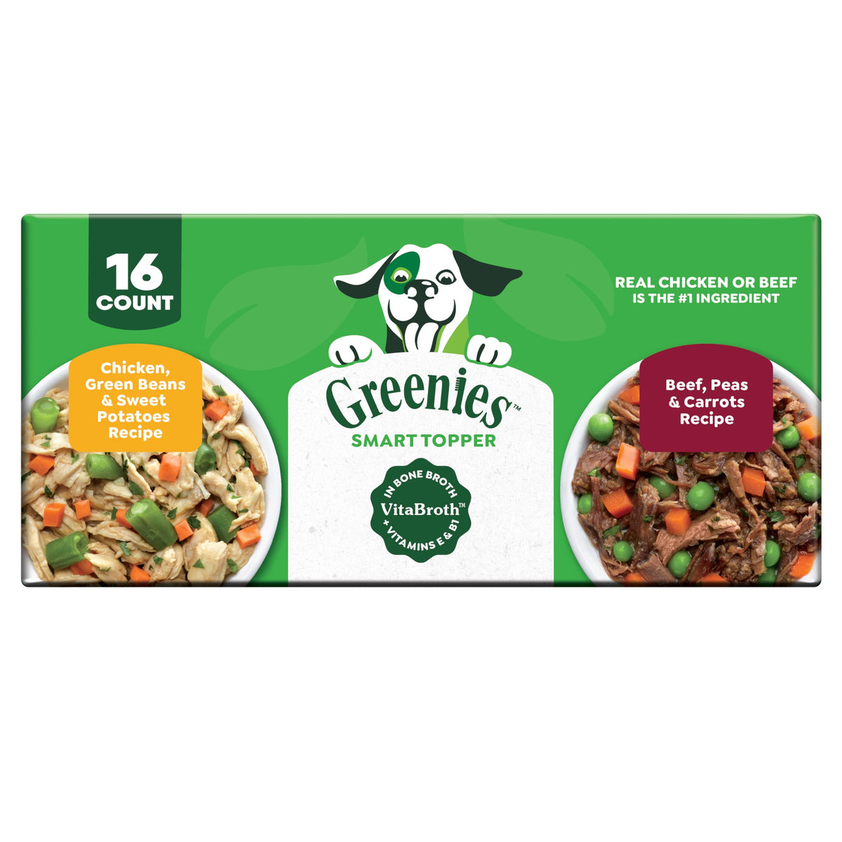 Greenies Smart Topper emballage avant montrant le pack de 16 sachets et bénéfice saveur