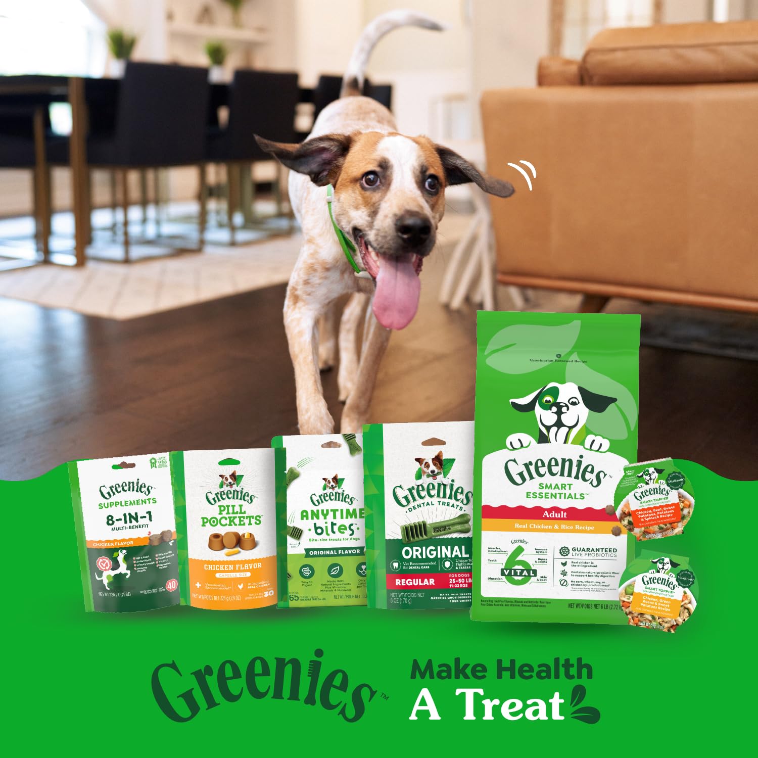 Greenies Smart Topper mise en scène quotidienne chien heureux lors du repas amélioré