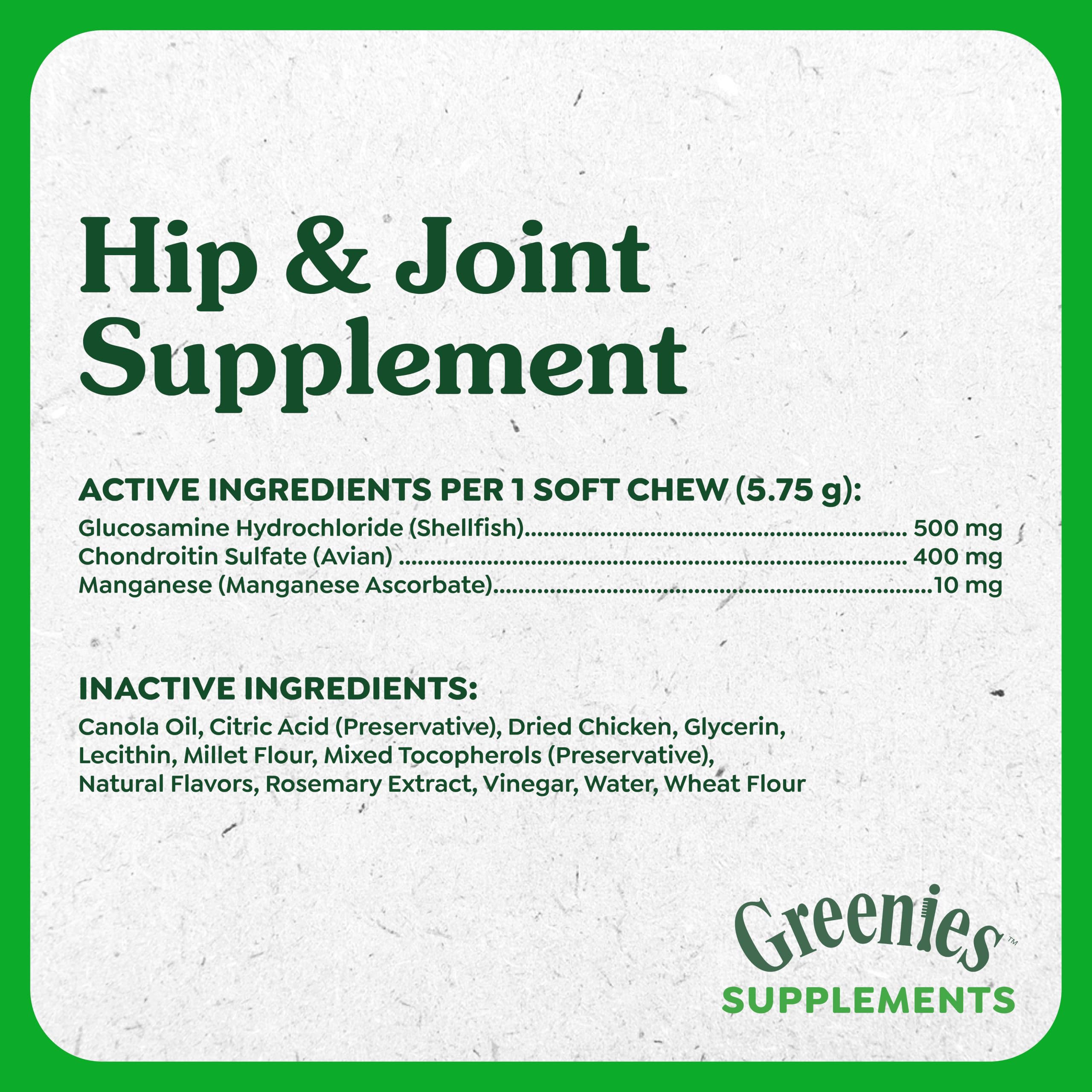 Étiquette Greenies montrant ingrédients et dosages actifs pour confiance