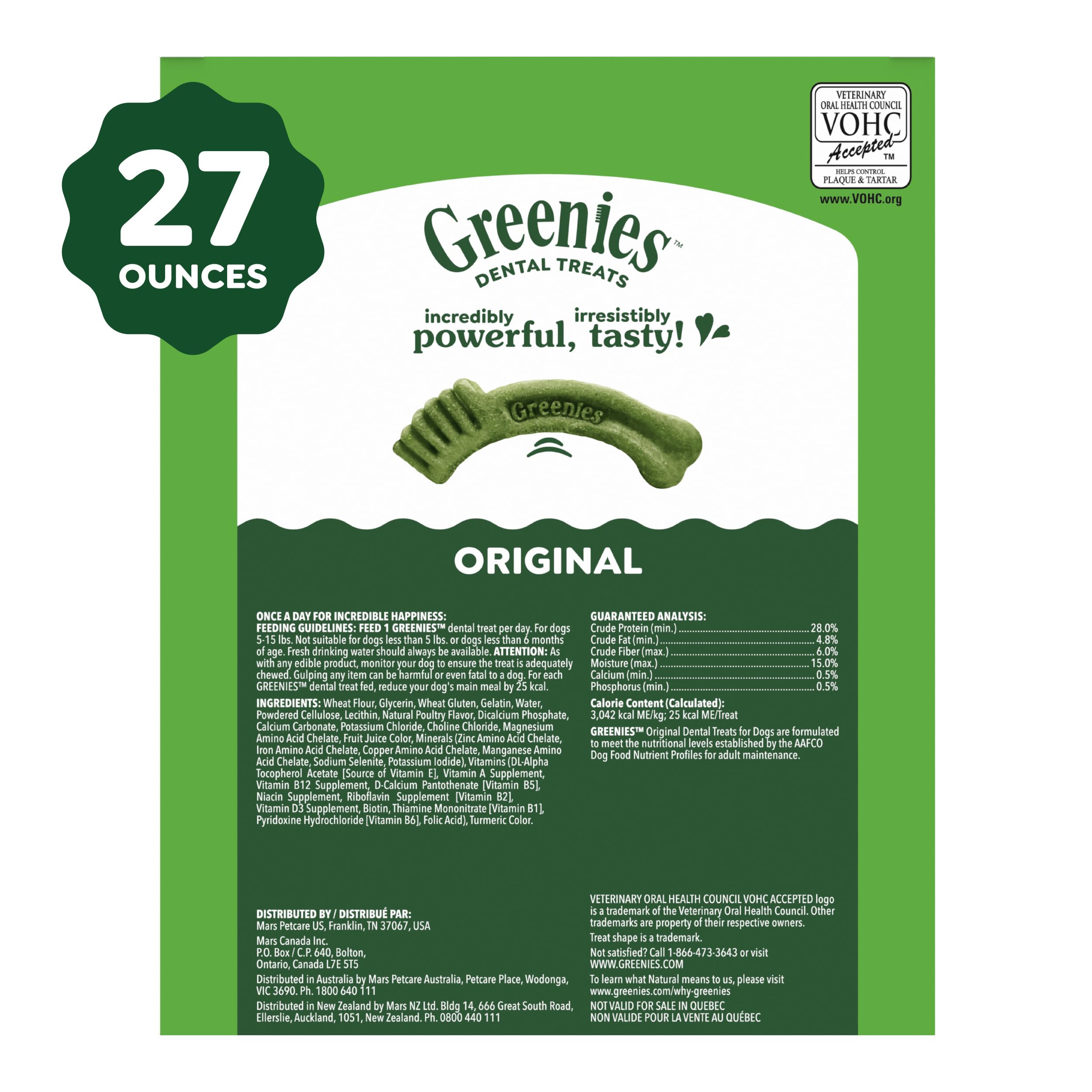 Consignes de conservation Greenies Teenie sur l'étiquette pour fraîcheur