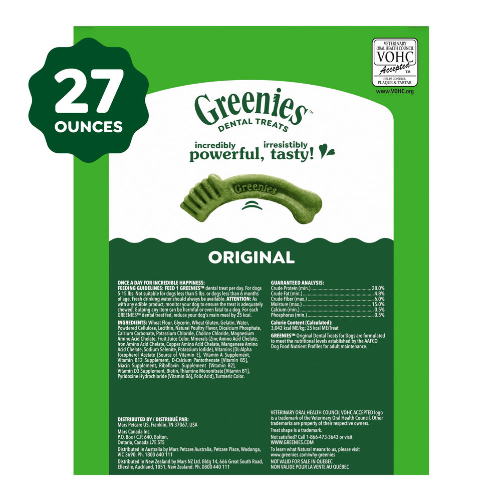 Consignes de conservation Greenies Teenie sur l'étiquette pour fraîcheur