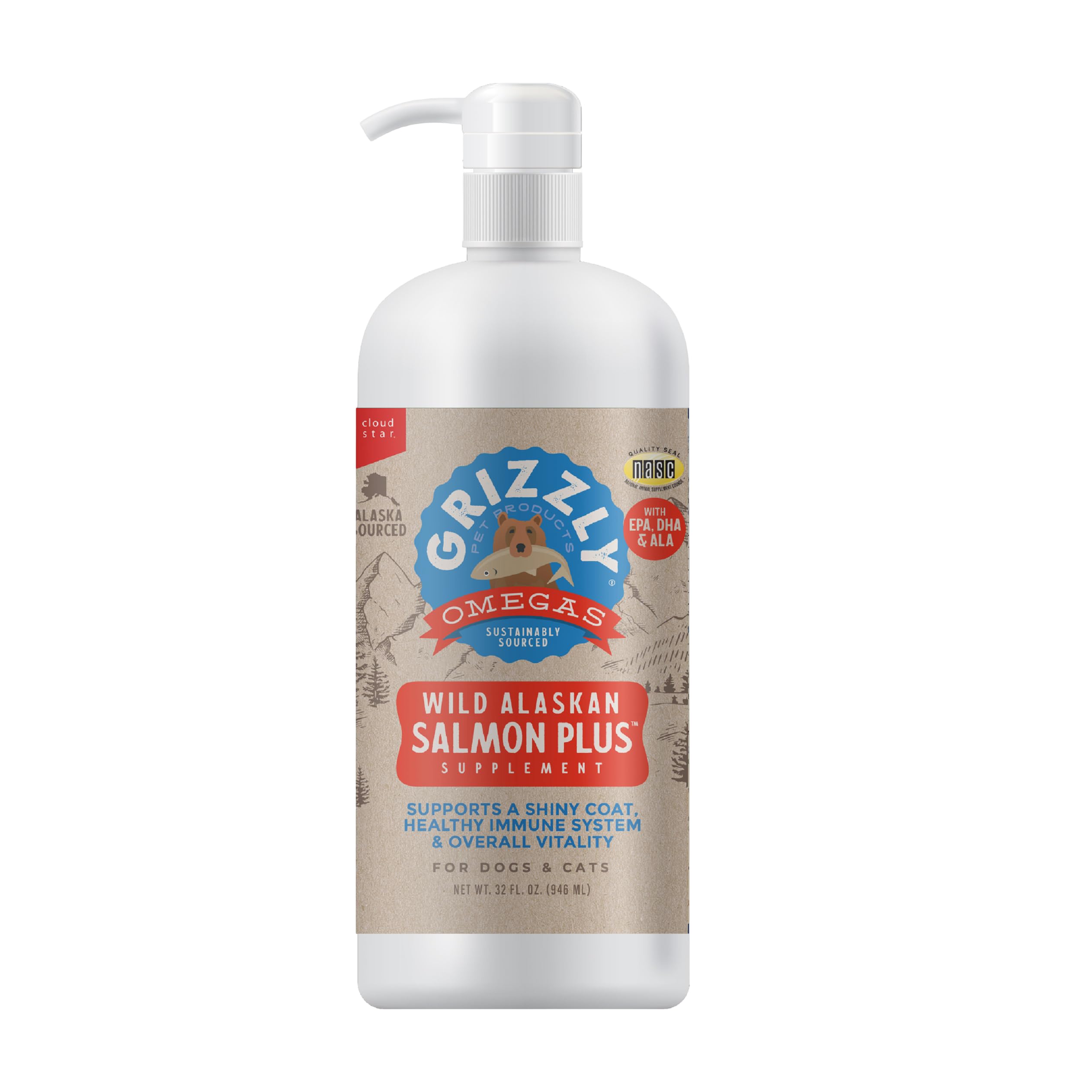 Grizzly Pet Products flacon avant montrant l’étiquette et l’avantage oméga