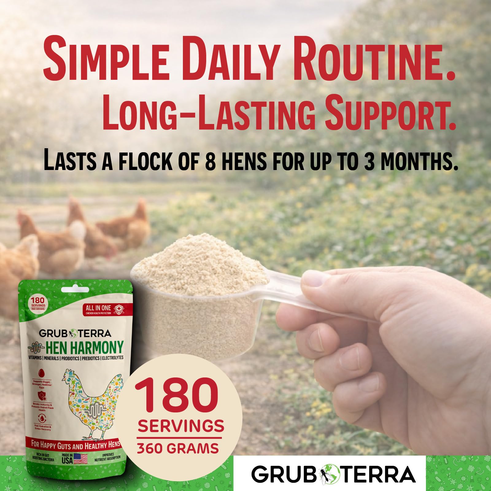GrubTerra HenHarmony dissous dans un abreuvoir montrant réhydratation immédiate