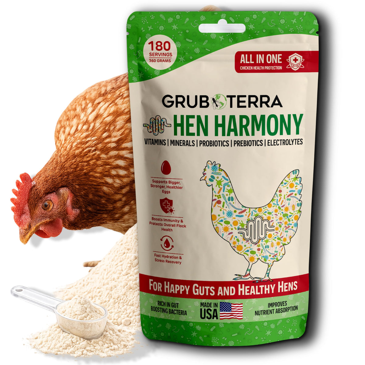 GrubTerra pot HenHarmony en vue frontale montrant l'étiquette et usage pratique