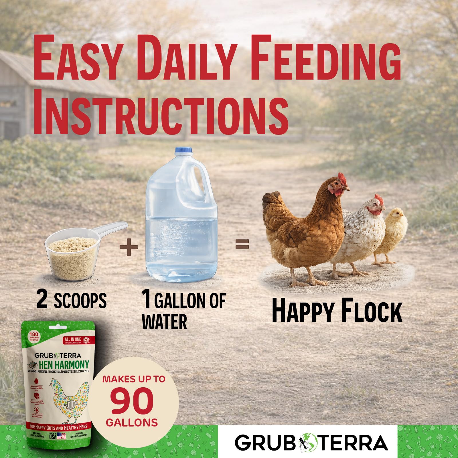 GrubTerra poules buvant solution HenHarmony illustrant appétit retrouvé