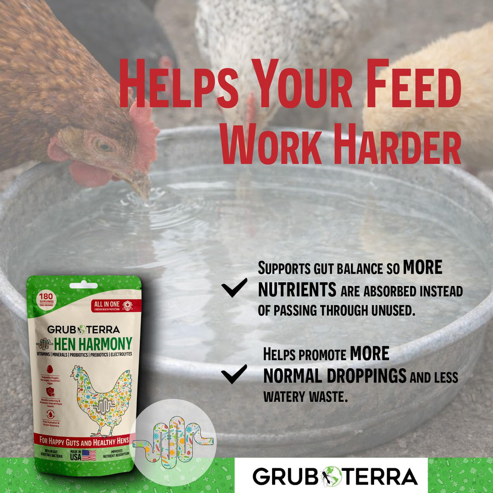 GrubTerra tableau de dosage HenHarmony imprimé pour âges et volumes d'eau