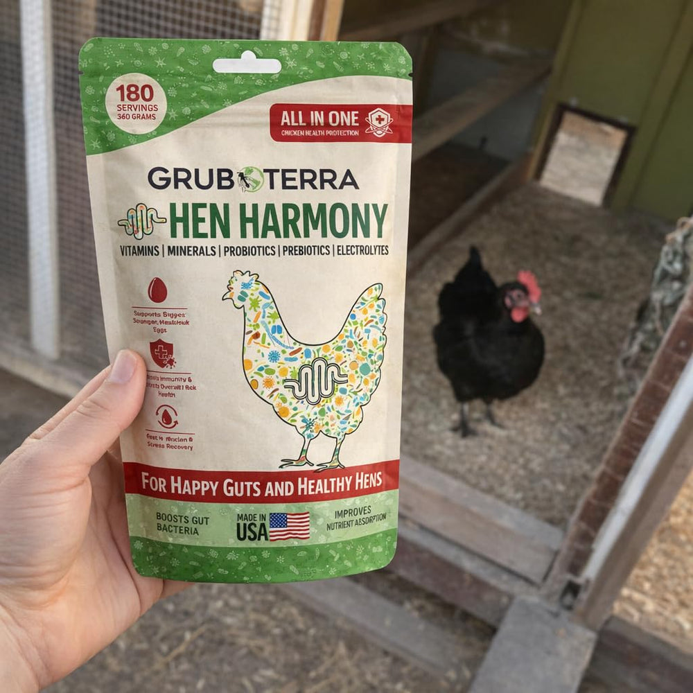 GrubTerra ingrédients HenHarmony gros plan montrant électrolytes et probiotiques