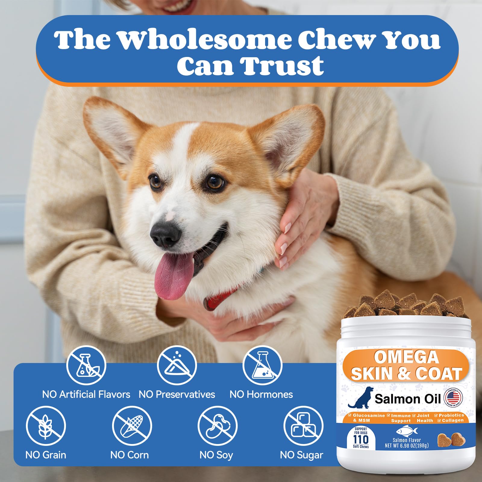 Chien croquant un chew GuruAmi goût saumon pour soutien peau et articulations