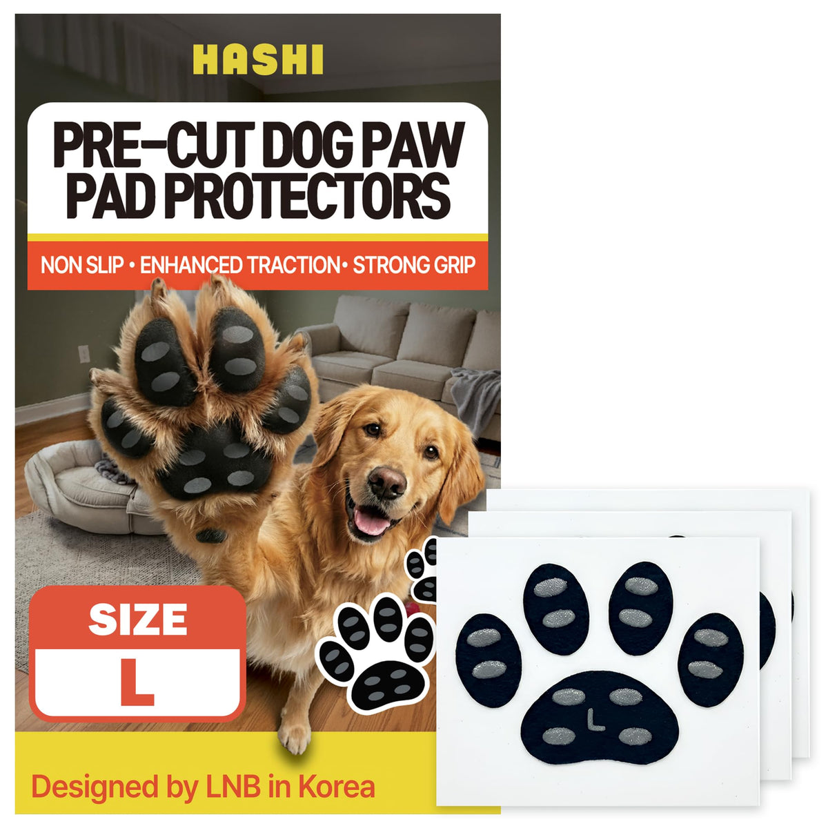 HA SHI emballage frontal des HASHI Dog Paw Pads montrant le contenu pratique