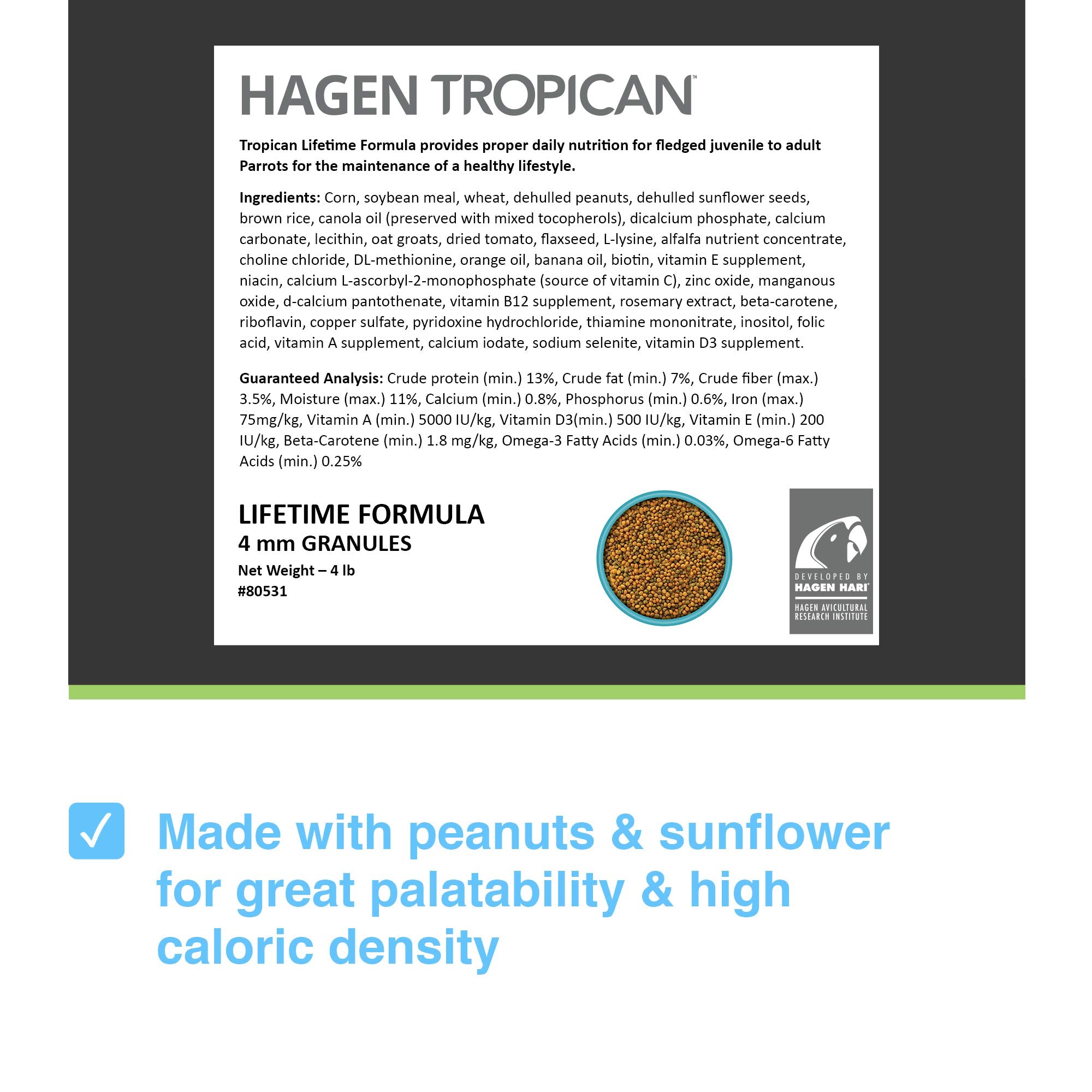 Gros plan sur granulés 4 mm Tropican de HAGEN HARI montrant texture facile à saisir