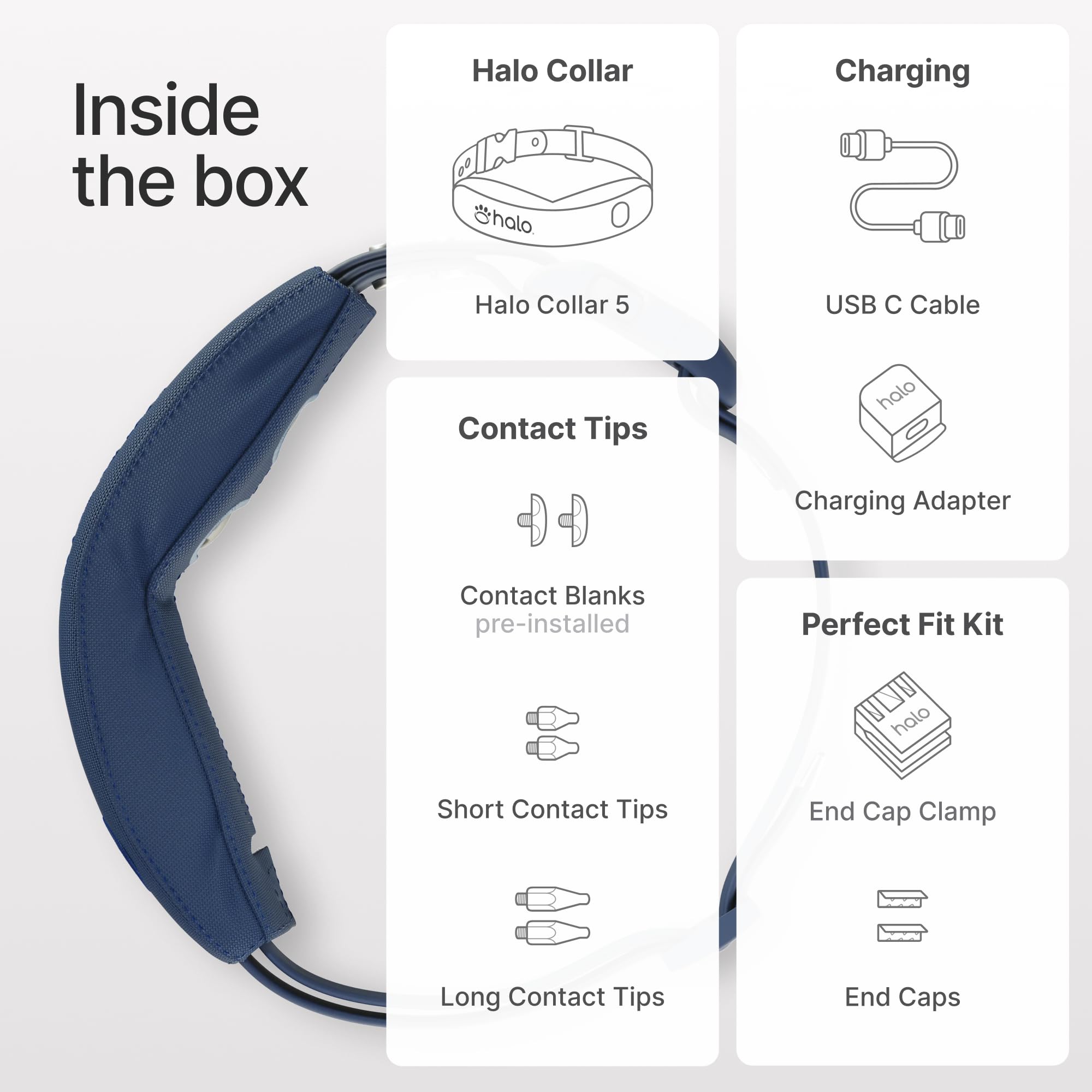 Boîte du Halo Collar ouverte avec contenu, tout le nécessaire inclus Halo