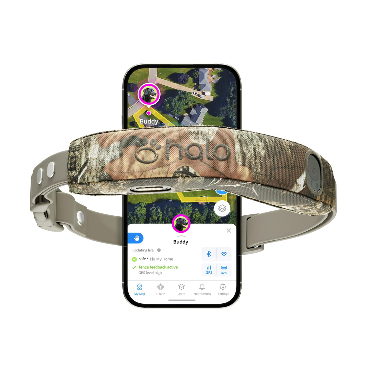 Halo Collar montrant la face avant du boîtier, précision GPS et design Realtree