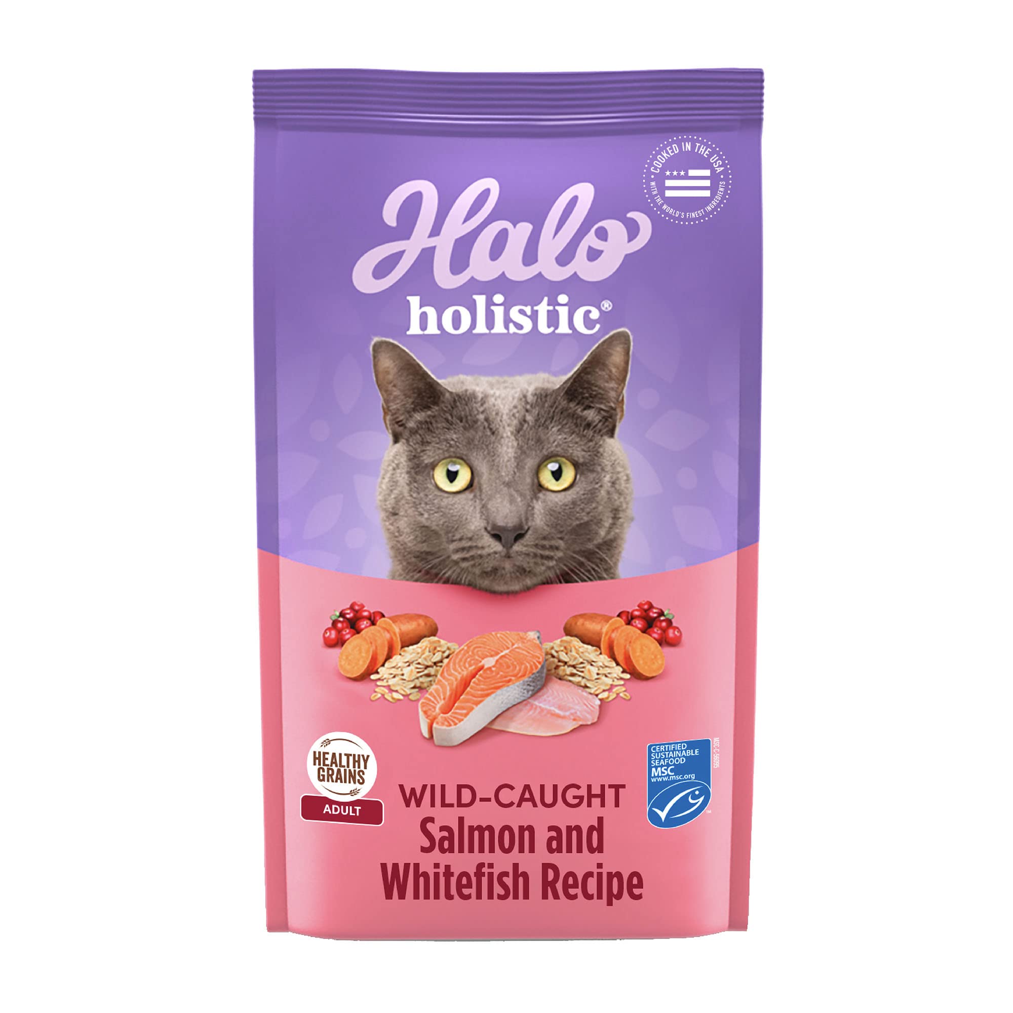 Halo emballage 10 lb affichant recette saumon sauvage et whitefish bénéfice nutrition