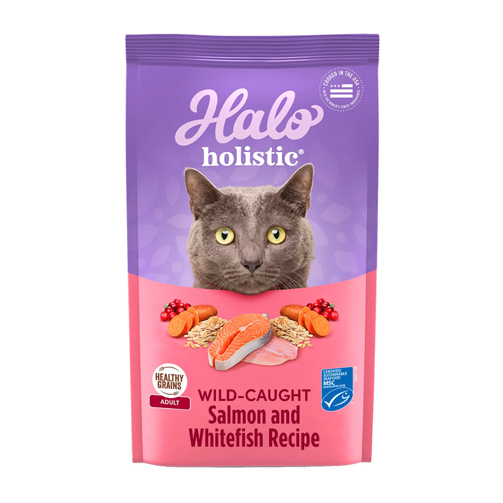 Halo emballage 10 lb affichant recette saumon sauvage et whitefish bénéfice nutrition