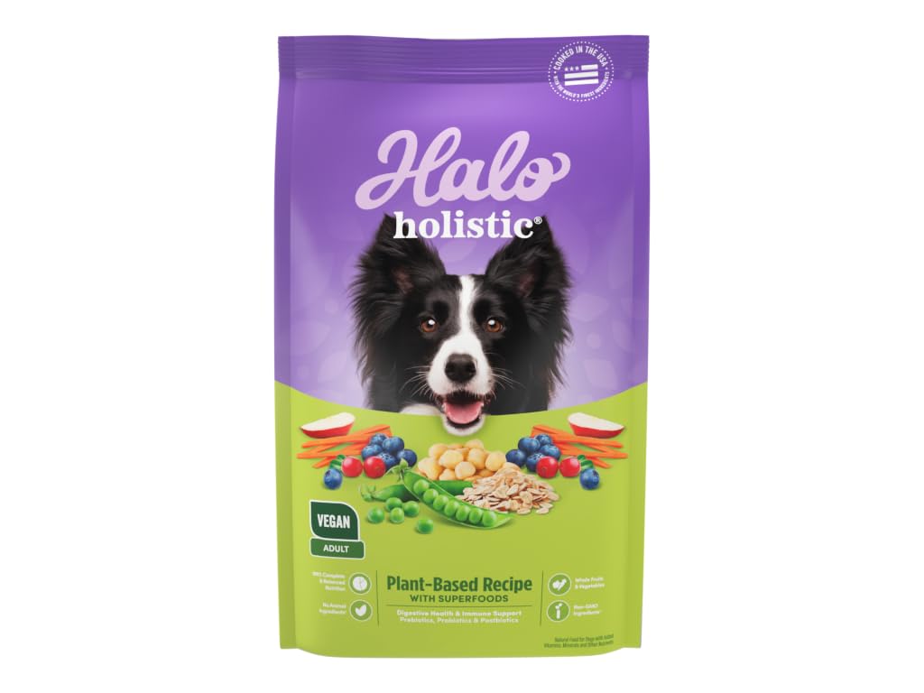 Halo emballage 21 lb montrant format familial et ingrédients végétaux