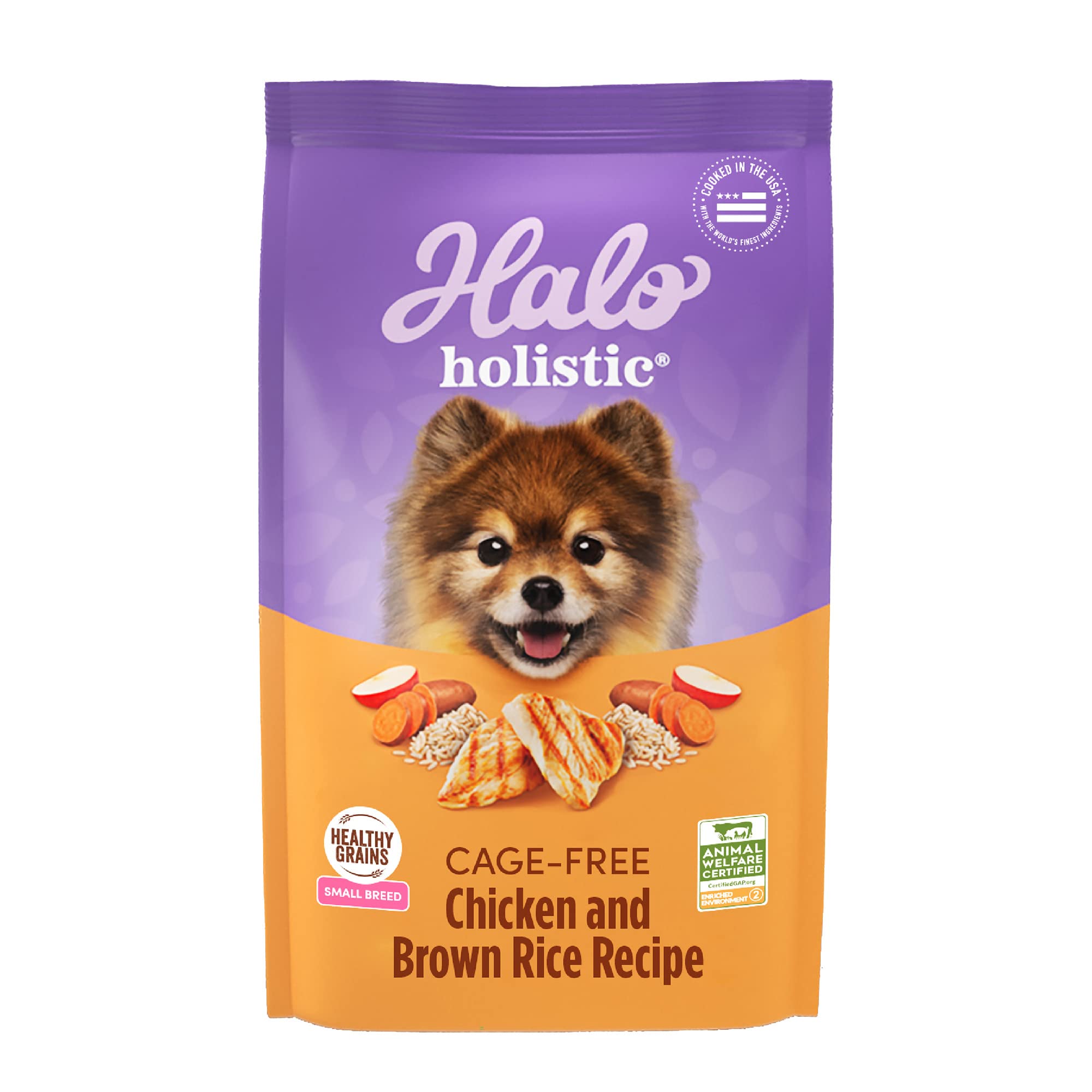 Halo emballage avant pour petites races montrant la recette et avantages