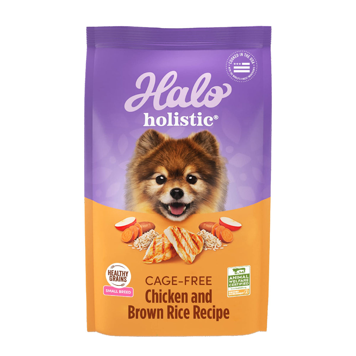 Halo emballage avant pour petites races montrant la recette et avantages