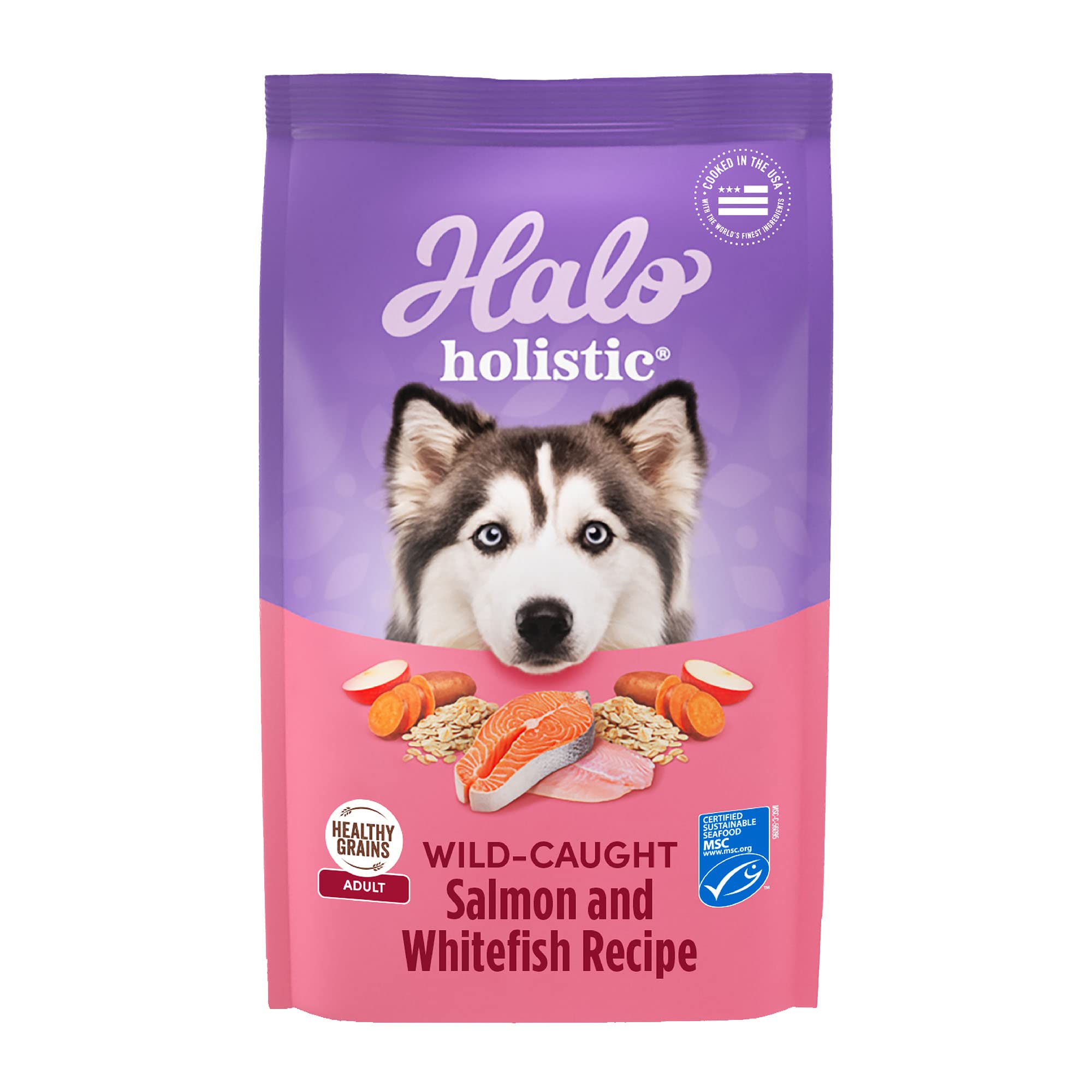 Halo emballage face montrant la recette saumon et whitefish et bénéfice digestif