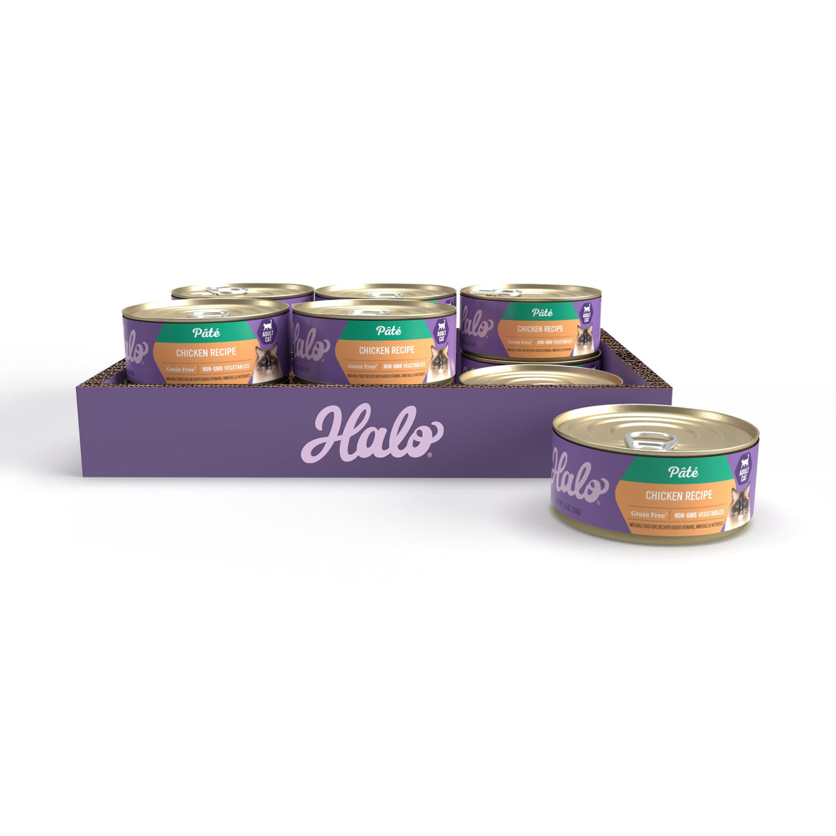 Halo pâté poulet entier, face de la conserve montre nutrition complète