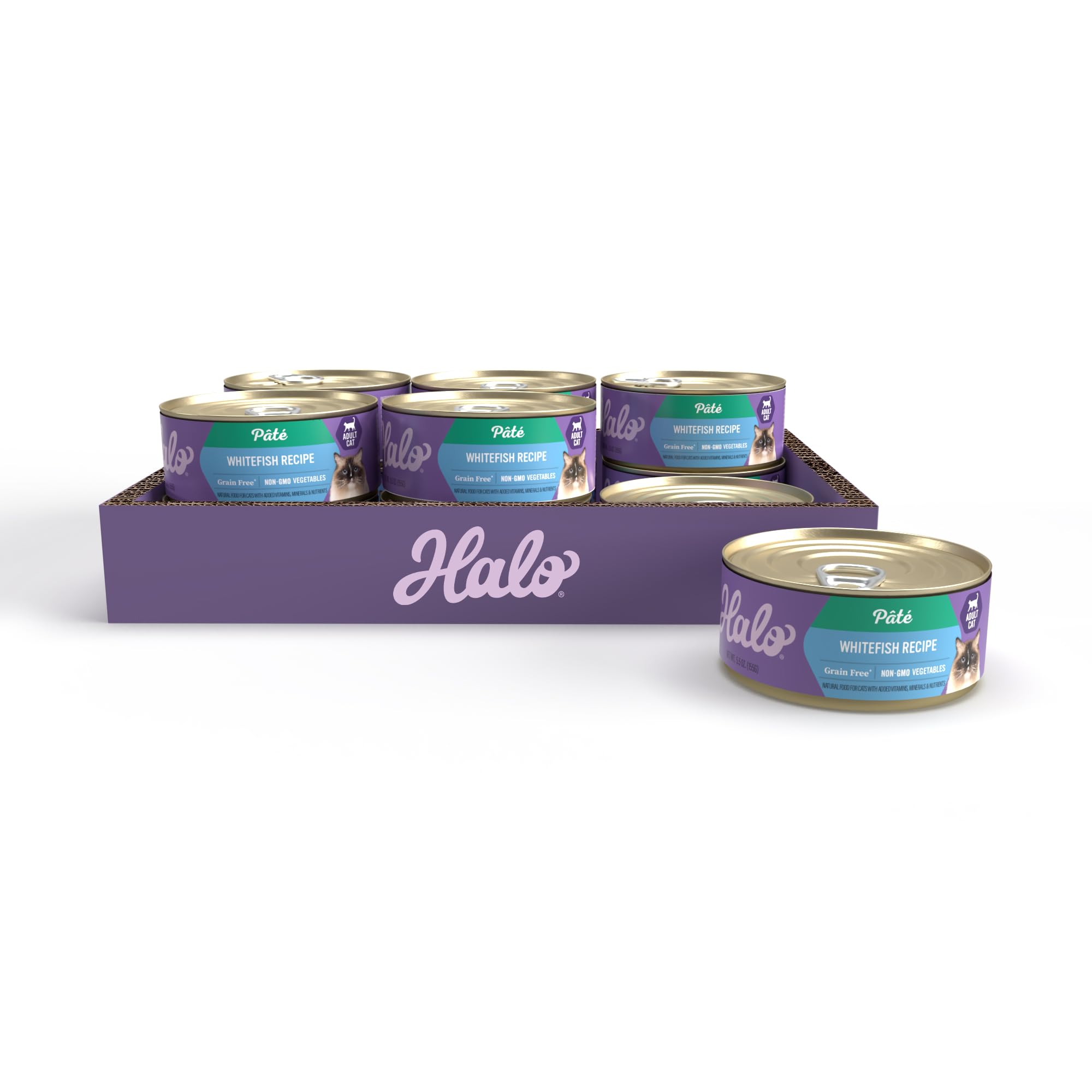 Halo pâté face de boîte montrant l'emballage attractif et informations produit