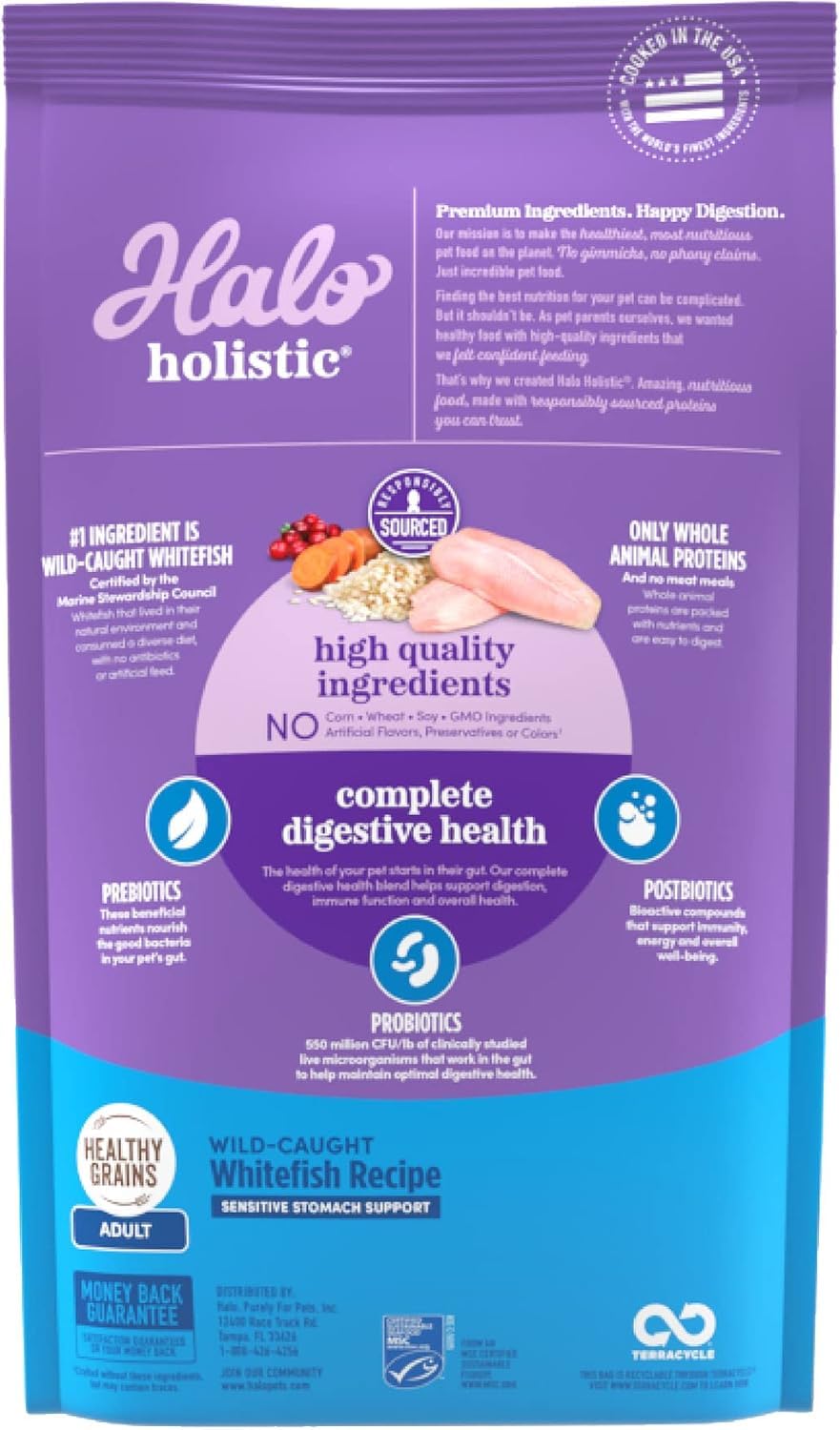 Halo étiquette nutrition lisible détaillant ingrédients et profil équilibré