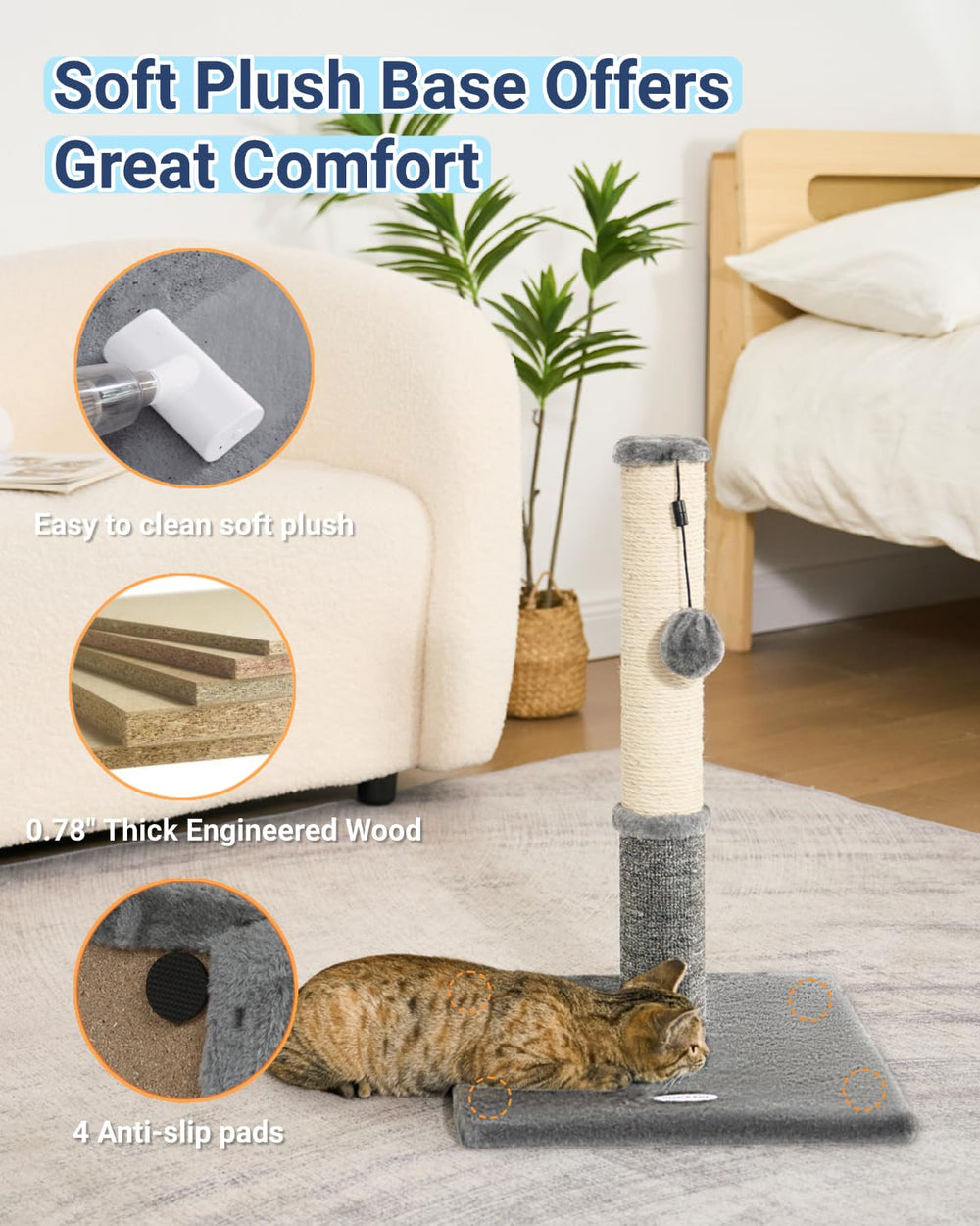 Happi N Pets chat s'étire sur le griffoir protégeant les meubles et renforçant muscles