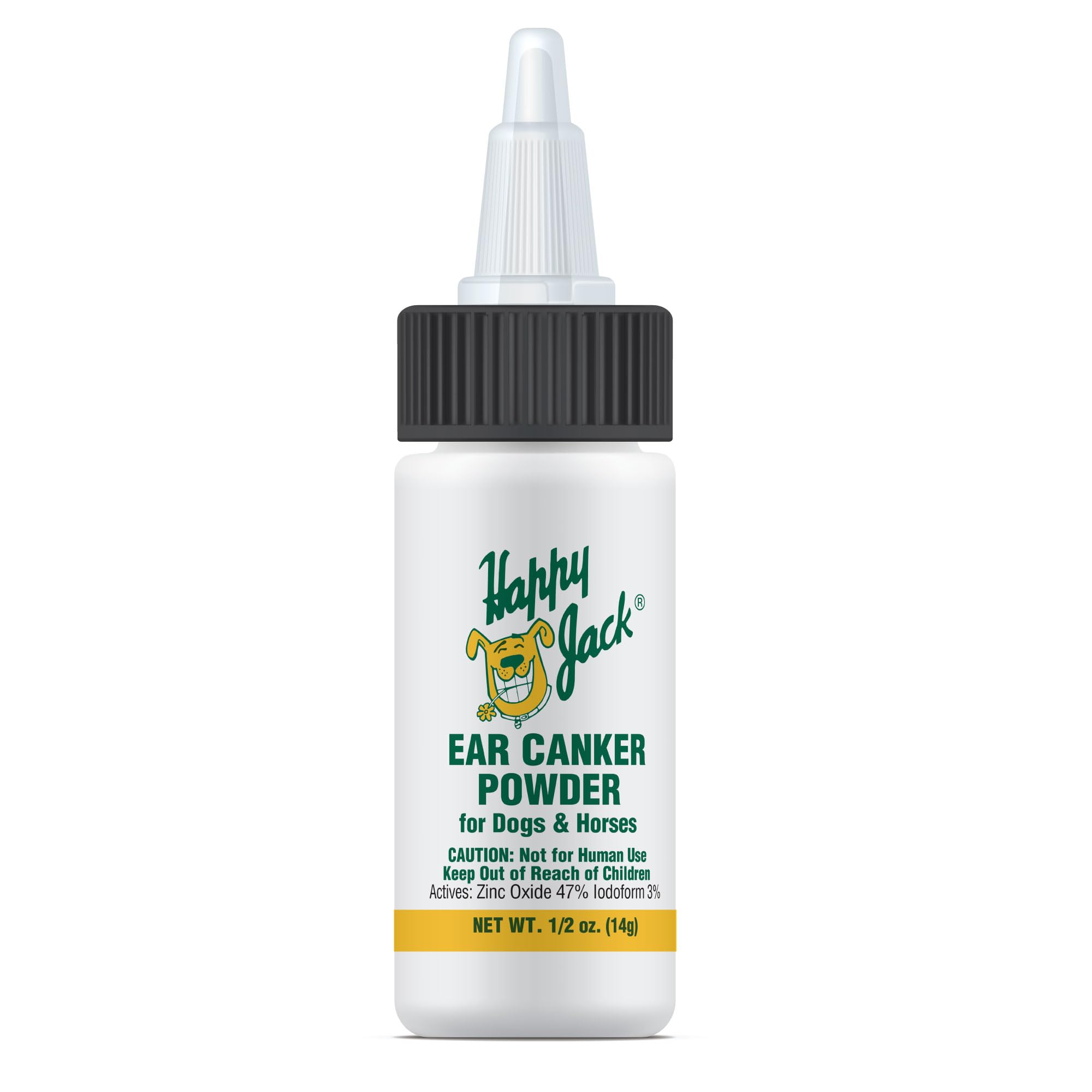 HAPPY JACK emballage face montrant le flacon compact et l'étiquette, pratique pour le rangement
