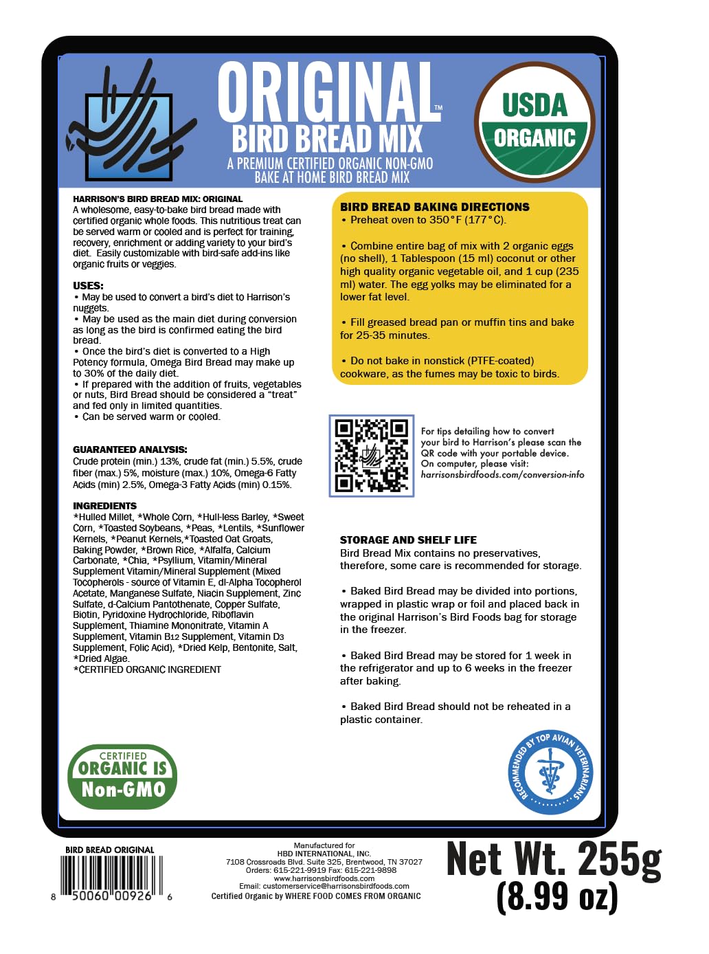 Harrison's Bird Foods mélange sec en gros plan montrant grains et texture, riche en nutriments