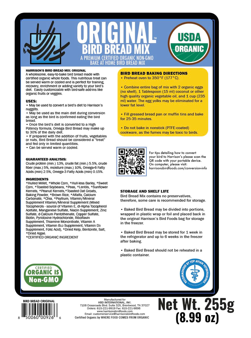 Harrison's Bird Foods mélange sec en gros plan montrant grains et texture, riche en nutriments