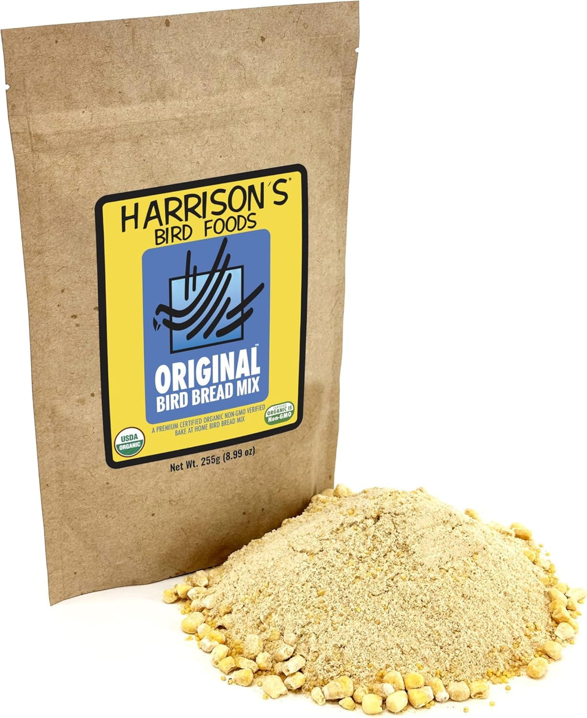 Harrison's Bird Foods emballage face montrant label bio et poids 255 g, garantie qualité