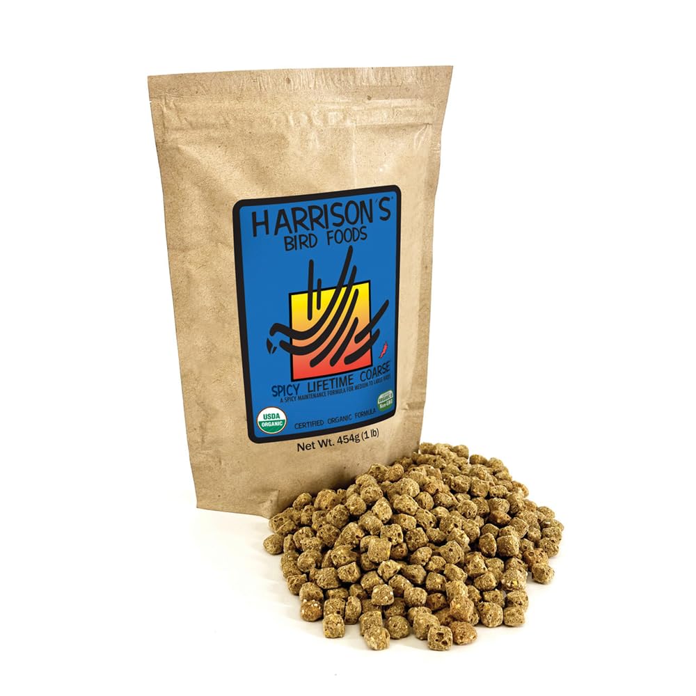 Harrison's emballage avant Spicy Lifetime Coarse montrant sac bio et bénéfice nutritionnel