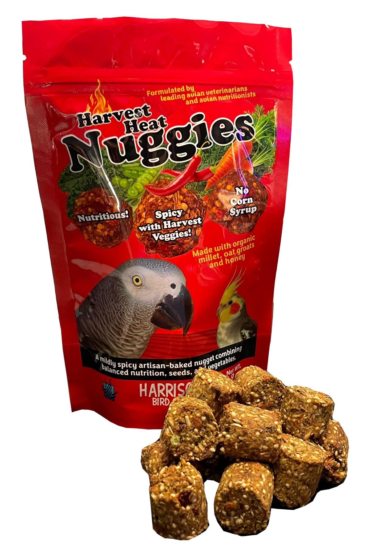 Harrison's Bird Foods emballage avant montrant nuggies biologiques et bénéfice nutritionnel
